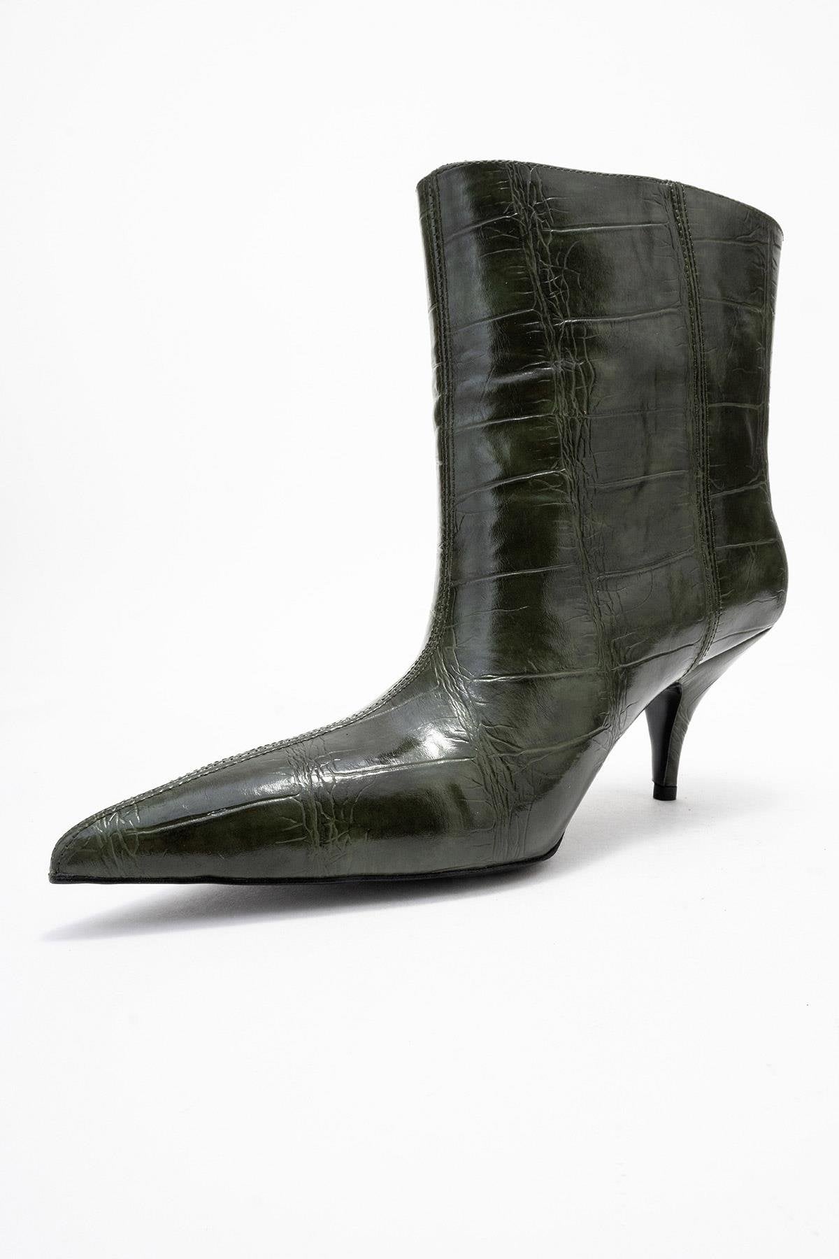 Brivelle - Green Printed Pointed Toe Kitten Heel Boot – heel view showing leather, green, Vowalisse