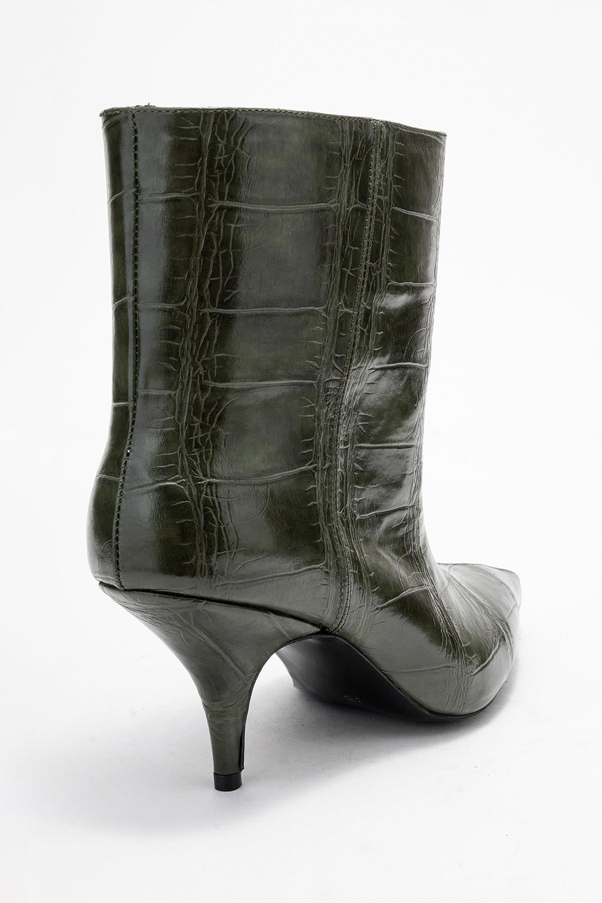 Brivelle - Green Printed Pointed Toe Kitten Heel Boot – back view showing leather, green, Vowalisse