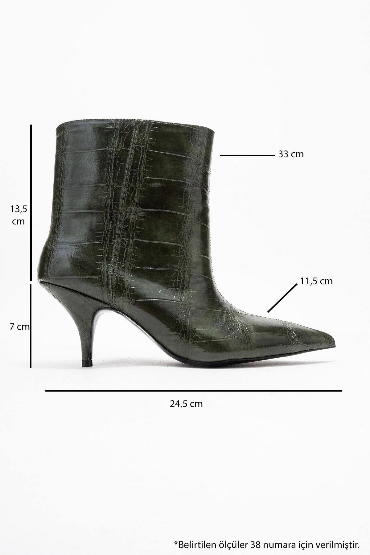 Brivelle - Green Printed Pointed Toe Kitten Heel Boot – top view showing leather, green, Vowalisse