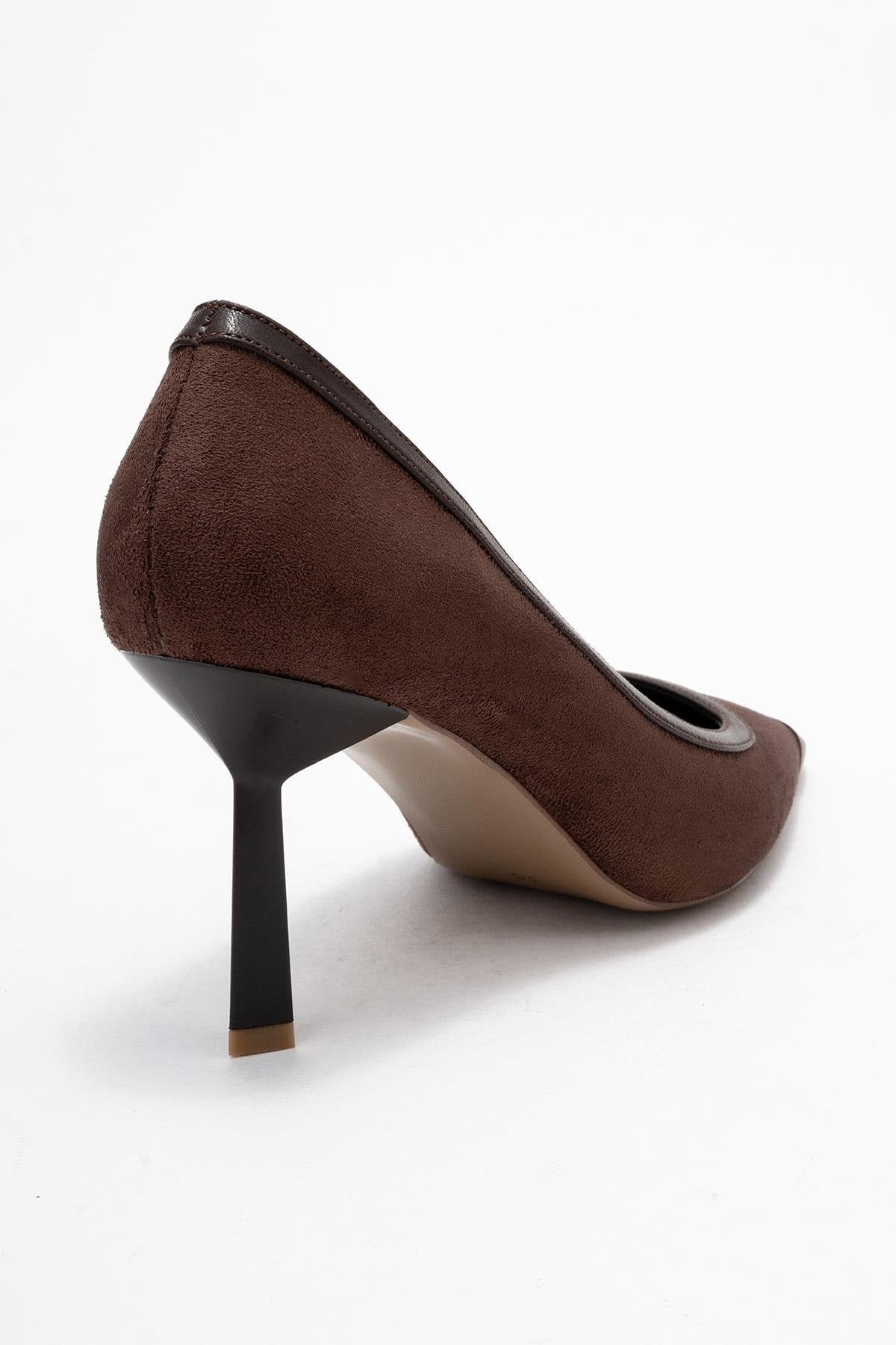 Rona - Brown Pointed Toe Pump – back view showing leather, suede, Vowalisse