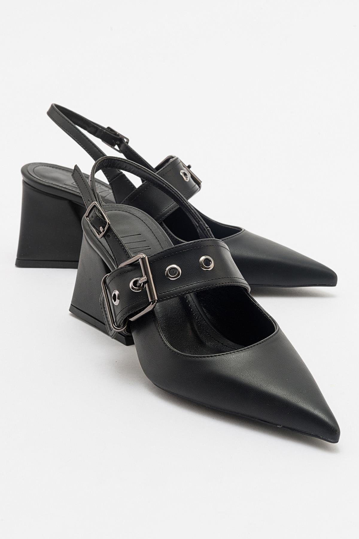 Nepido - Black Pointed Toe Open Back Chunky Heel Shoe – front three-quarter view showing leather, black, Vowalisse