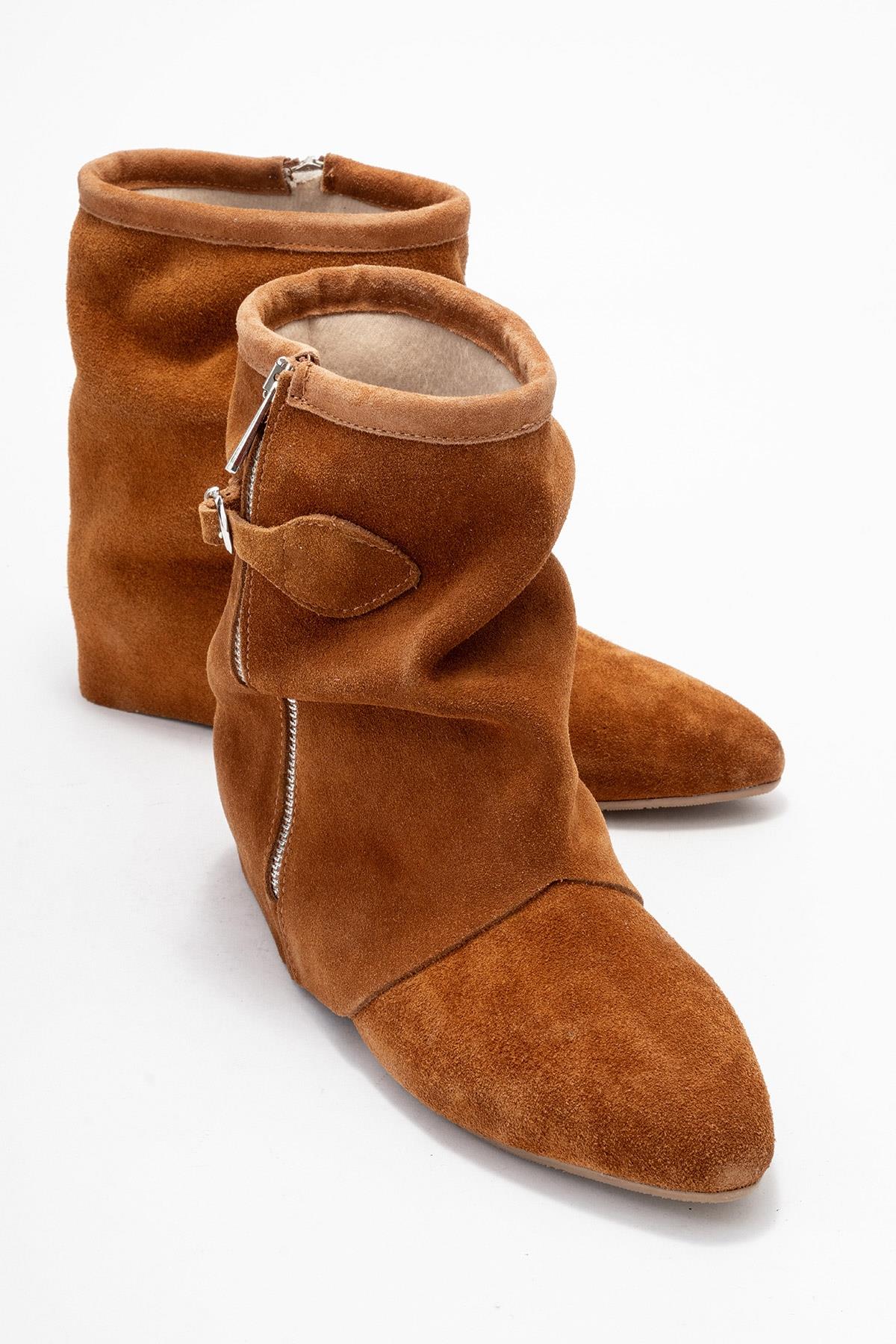 Noar - Cognac Genuine Leather Ruched Zip Boot – front three-quarter view showing leather, suede, Vowalisse