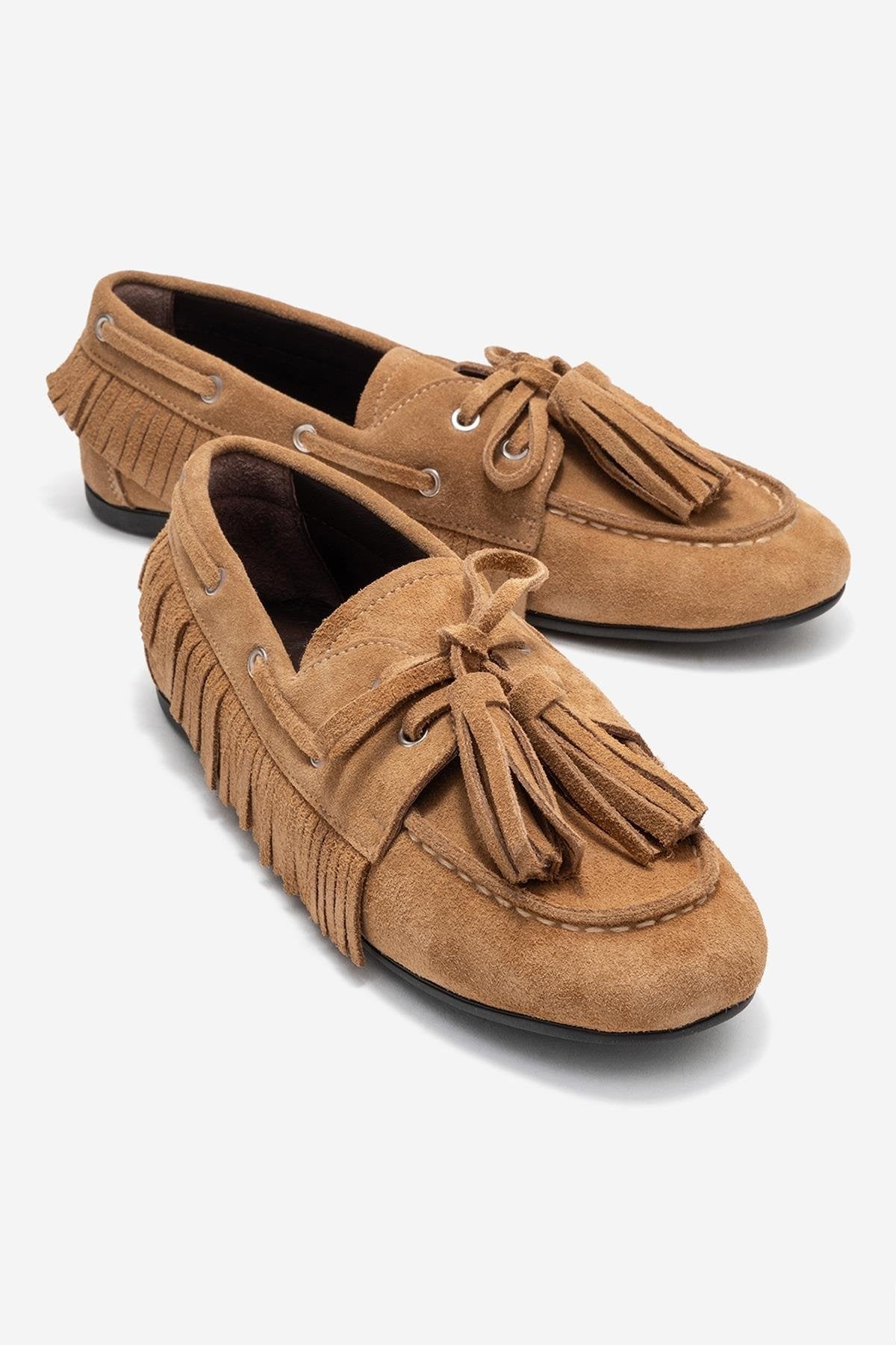 Fenora - Taupe Suede Genuine Leather Fringe Tassel Loafer – front three-quarter view showing leather, suede, Vowalisse