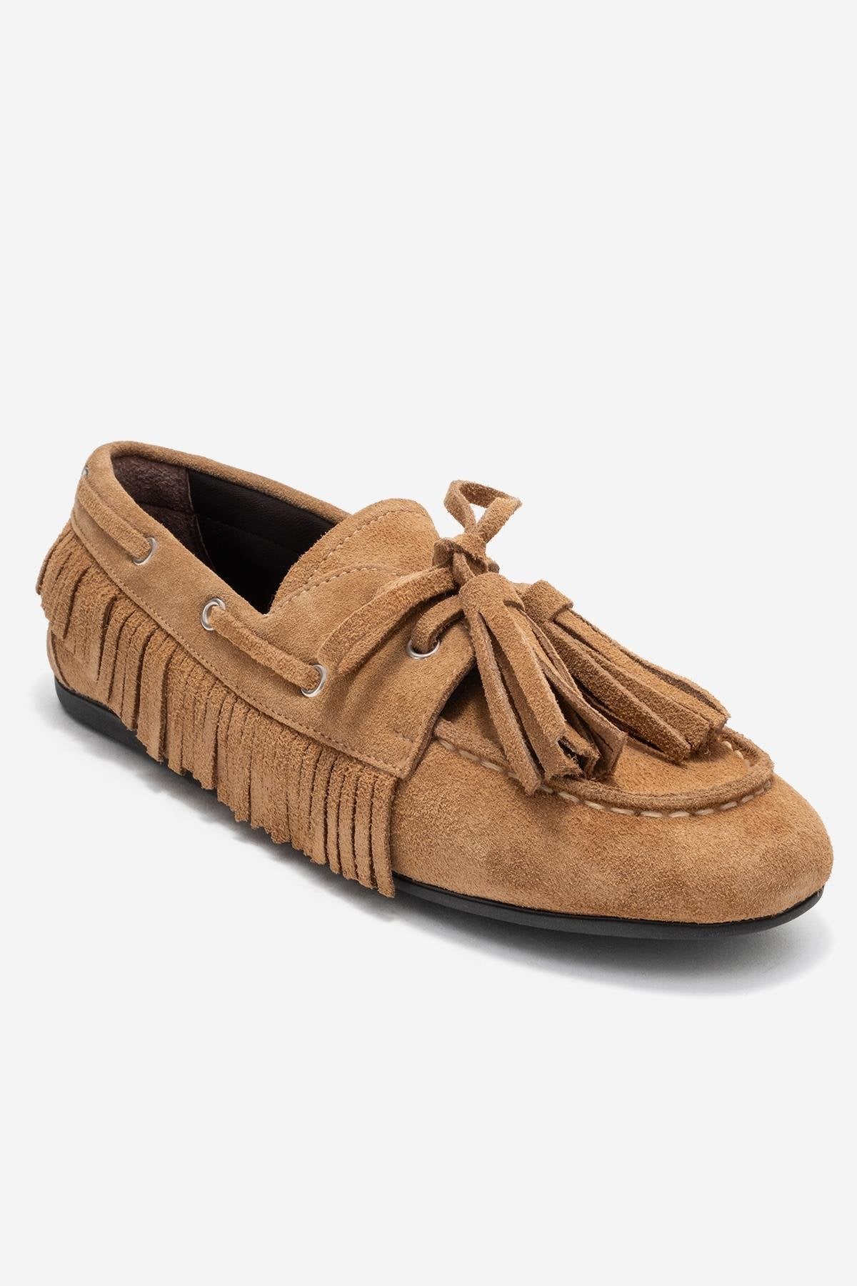 Fenora - Taupe Suede Genuine Leather Fringe Tassel Loafer – detail view showing leather, suede, Vowalisse