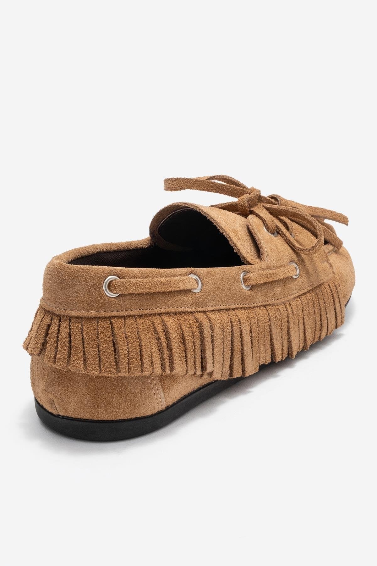Fenora - Taupe Suede Genuine Leather Fringe Tassel Loafer – back view showing leather, suede, Vowalisse