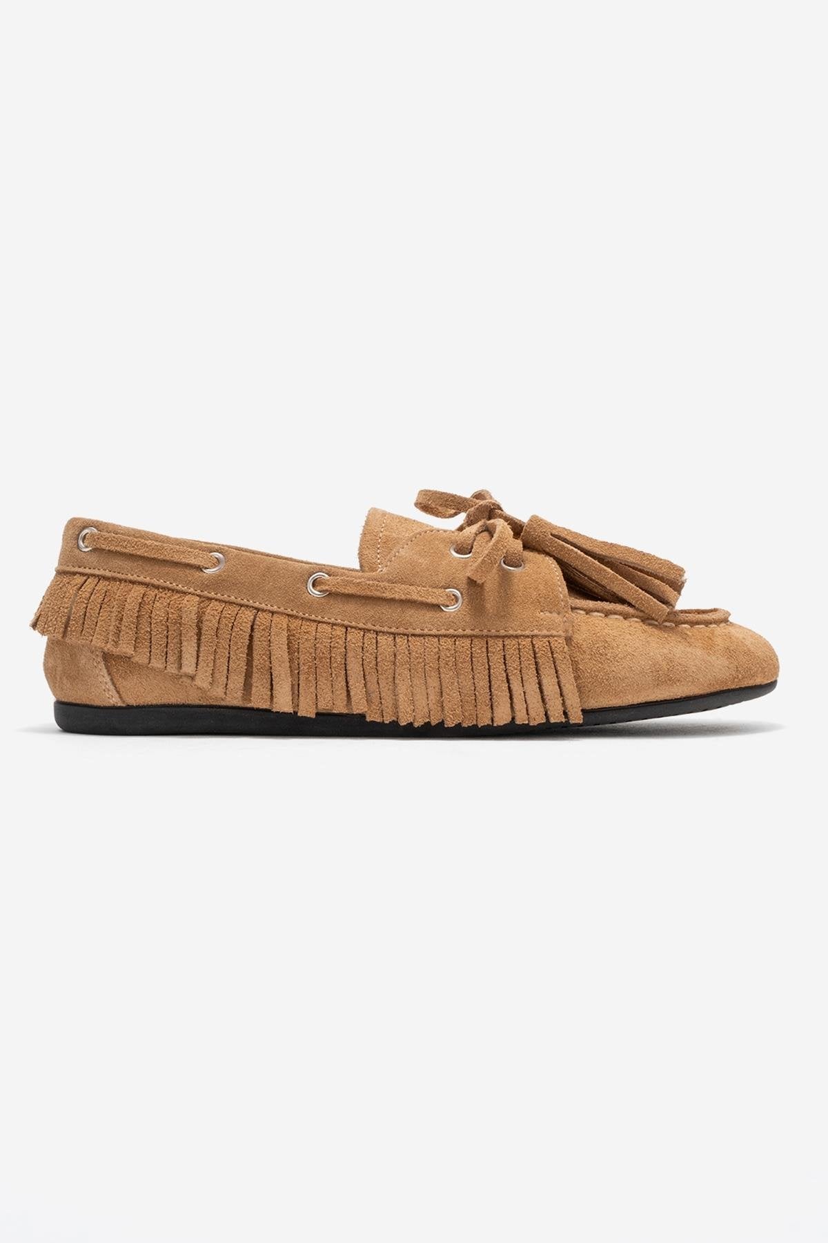 Fenora - Taupe Suede Genuine Leather Fringe Tassel Loafer – top view showing leather, suede, Vowalisse