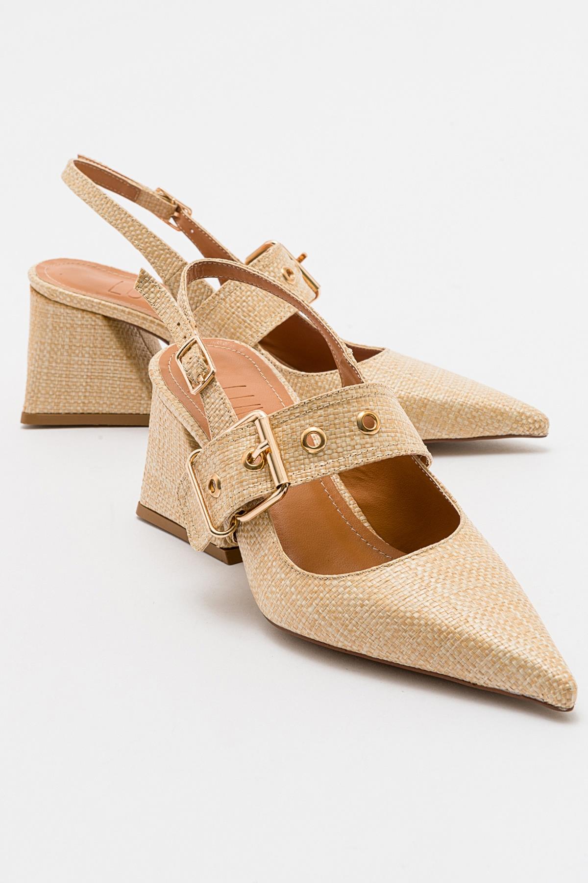 Nepido - Beige Woven Pointed Toe Open Back Chunky Heel Shoe – front three-quarter view showing leather, Vowalisse
