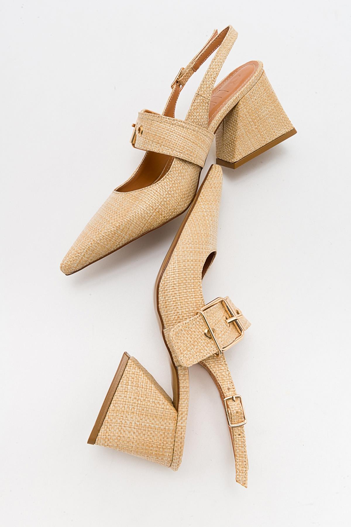 Nepido - Beige Woven Pointed Toe Open Back Chunky Heel Shoe – side view showing leather, Vowalisse