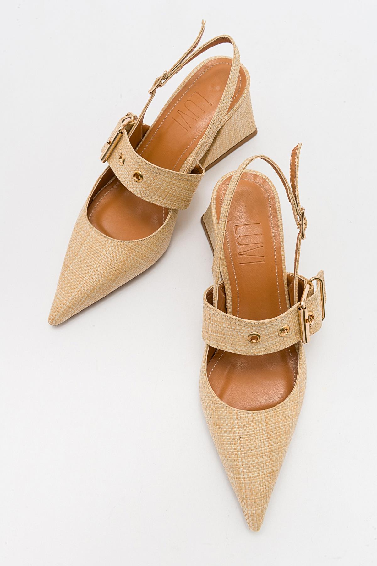 Nepido - Beige Woven Pointed Toe Open Back Chunky Heel Shoe – detail view showing leather, Vowalisse