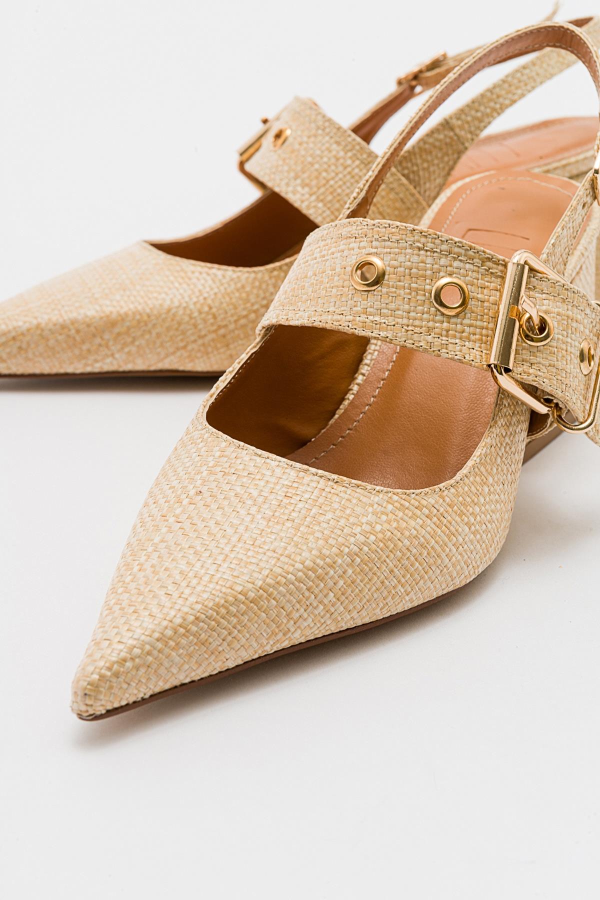 Nepido - Beige Woven Pointed Toe Open Back Chunky Heel Shoe – heel view showing leather, Vowalisse