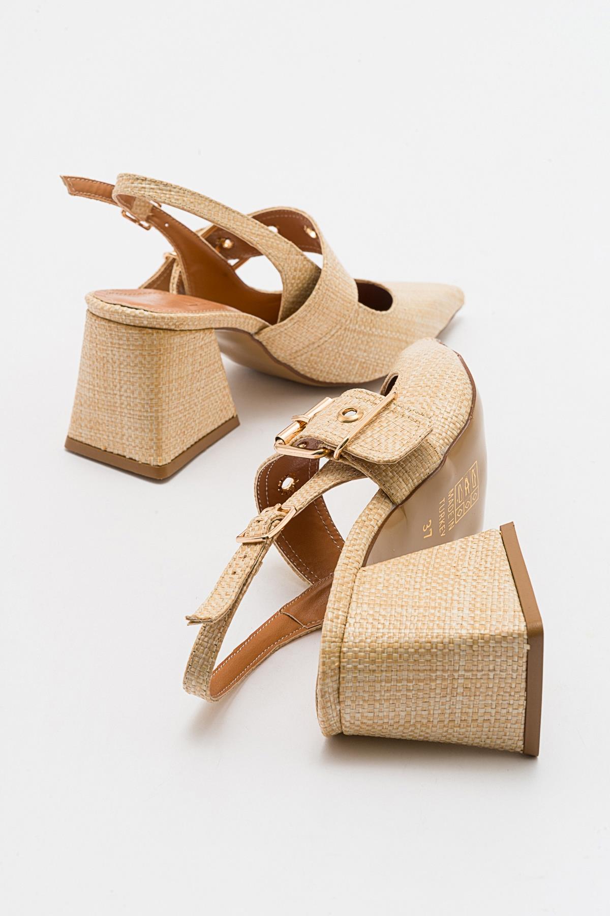 Nepido - Beige Woven Pointed Toe Open Back Chunky Heel Shoe – back view showing leather, Vowalisse