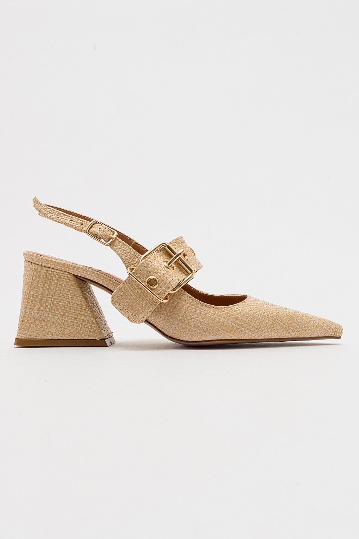 Nepido - Beige Woven Pointed Toe Open Back Chunky Heel Shoe – top view showing leather, Vowalisse