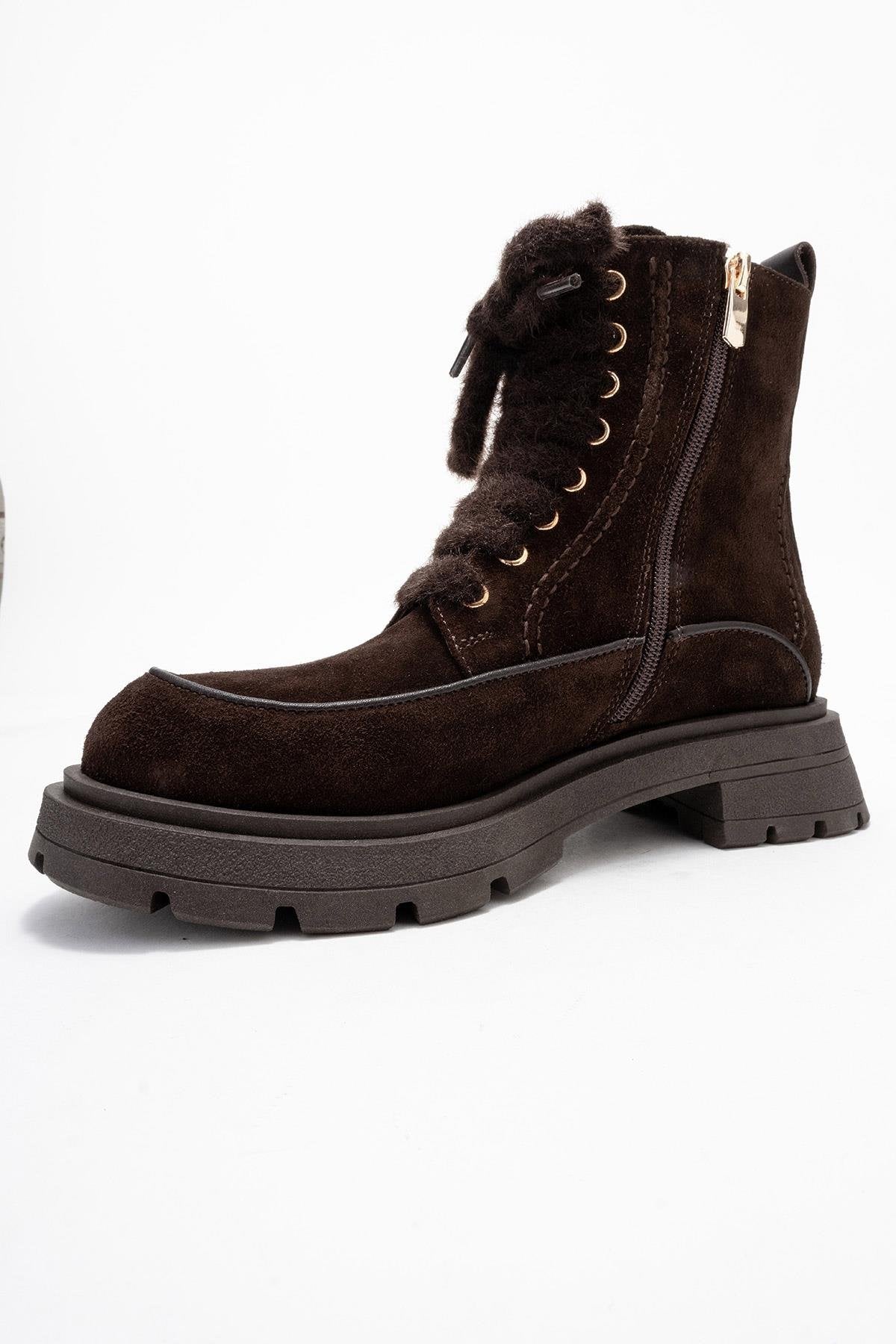 Mina - Brown Genuine Leather Combat Boot – heel view showing leather, suede, Vowalisse