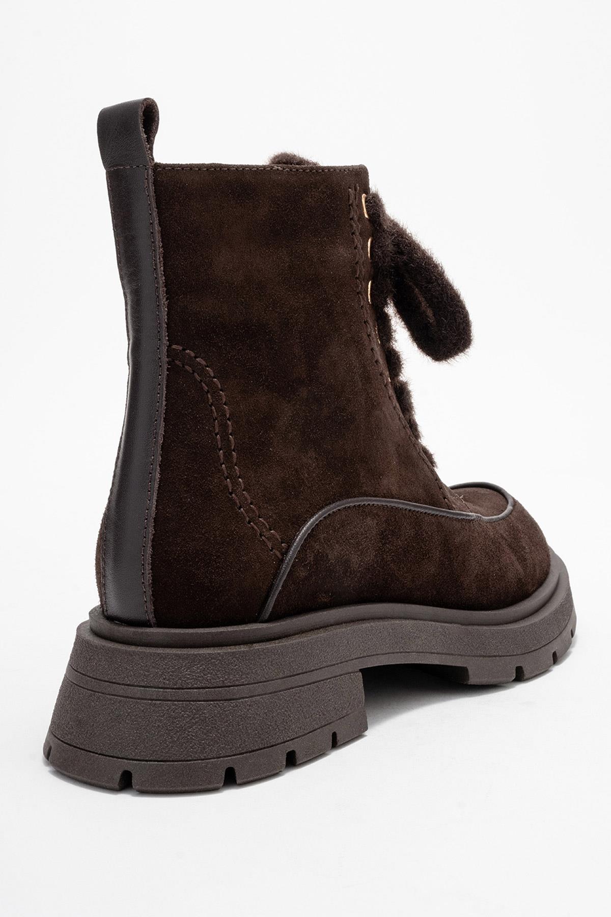 Mina - Brown Genuine Leather Combat Boot – back view showing leather, suede, Vowalisse