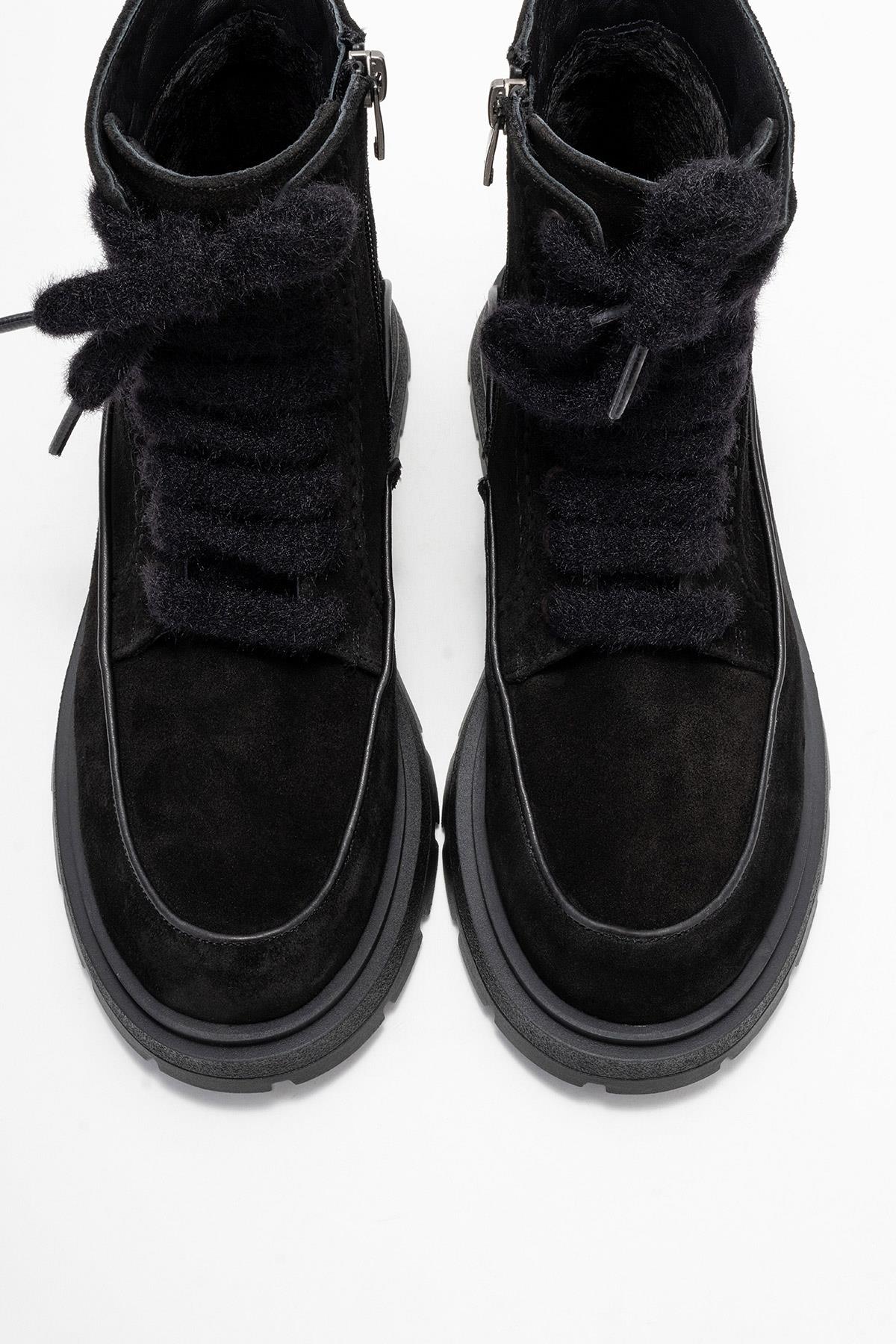 Mina - Black Genuine Leather Combat Boot – side view showing leather, suede, black, Vowalisse