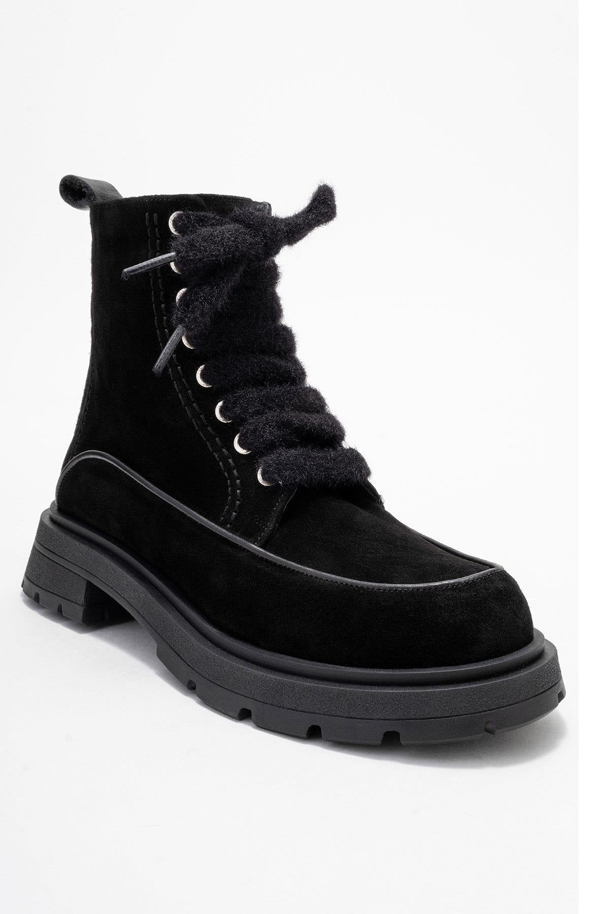 Mina - Black Genuine Leather Combat Boot – detail view showing leather, suede, black, Vowalisse