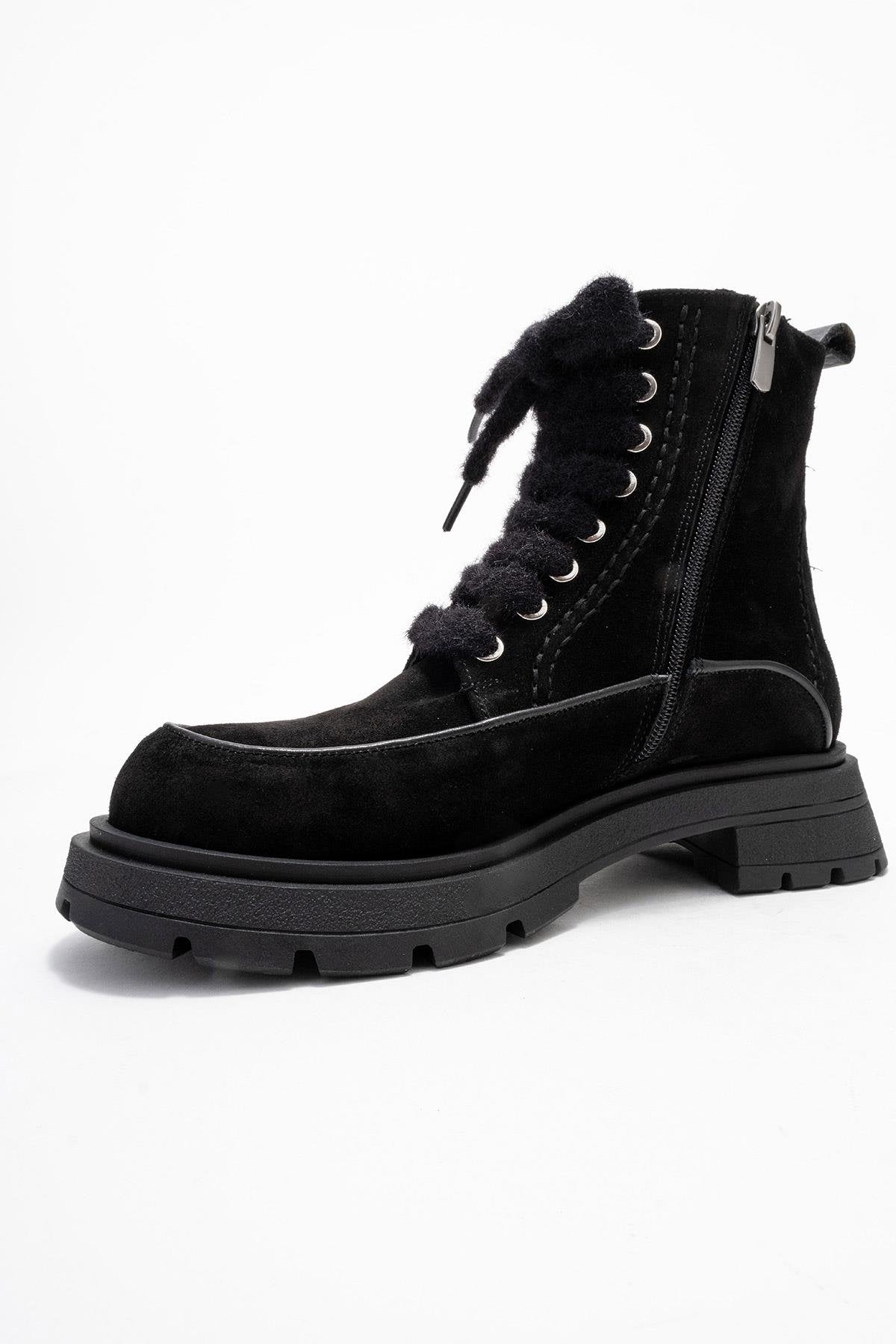 Mina - Black Genuine Leather Combat Boot – heel view showing leather, suede, black, Vowalisse