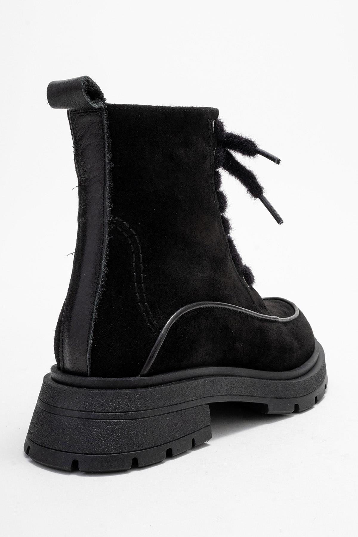 Mina - Black Genuine Leather Combat Boot – back view showing leather, suede, black, Vowalisse