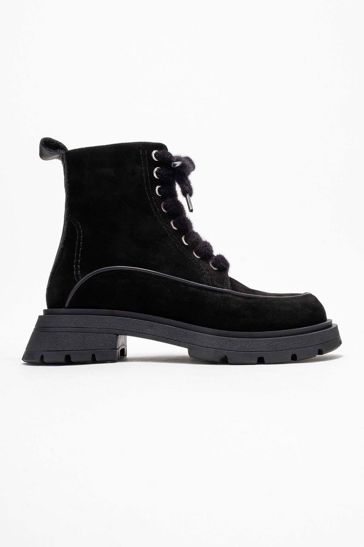 Mina - Black Genuine Leather Combat Boot – top view showing leather, suede, black, Vowalisse