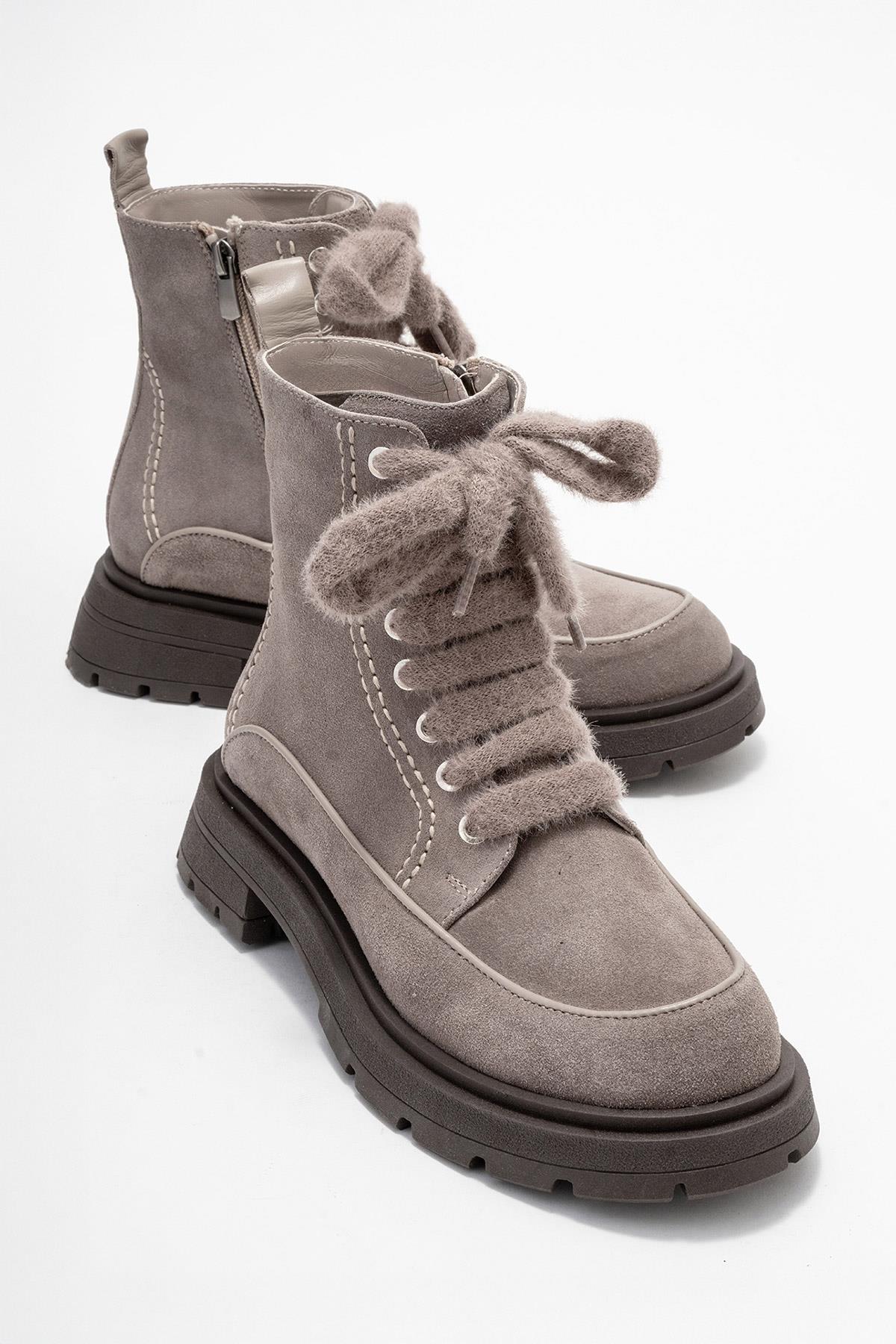 Mina - Taupe Genuine Leather Combat Boot – front three-quarter view showing leather, suede, Vowalisse