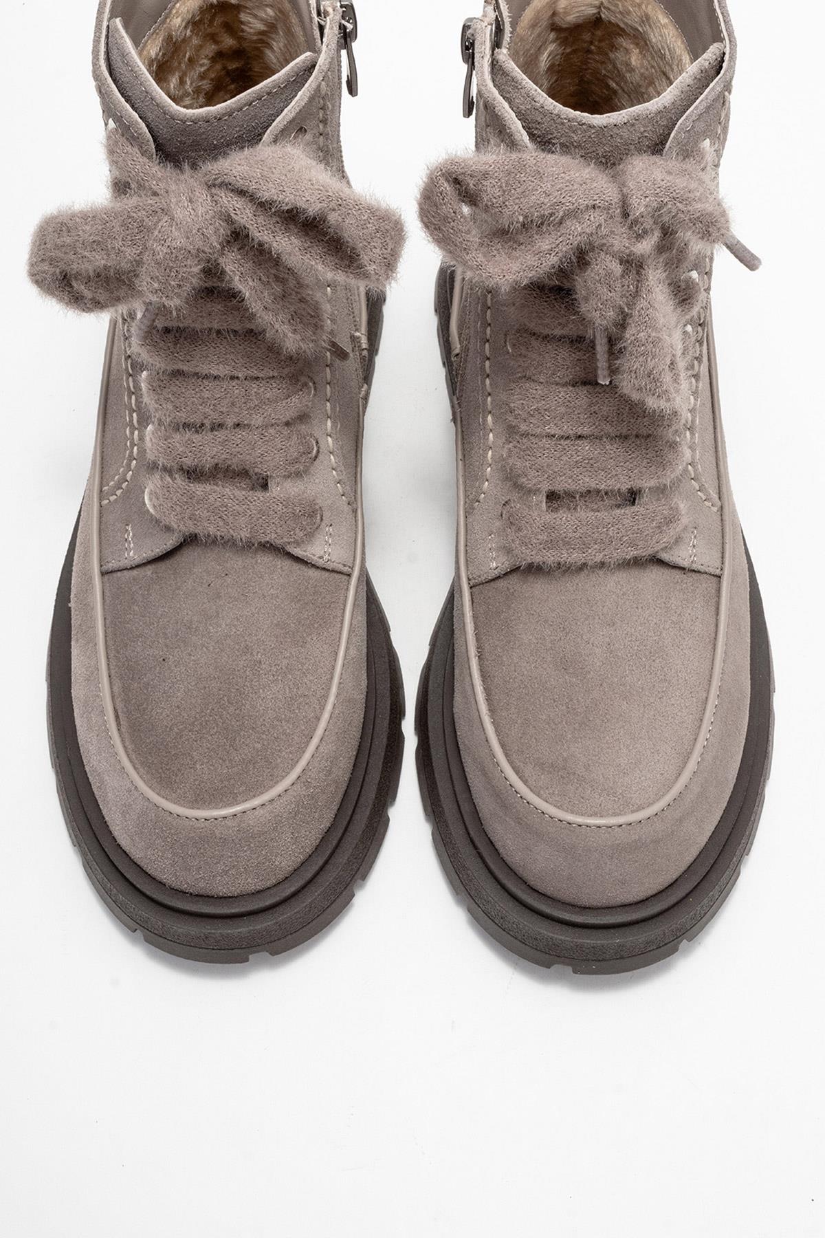 Mina - Taupe Genuine Leather Combat Boot – side view showing leather, suede, Vowalisse