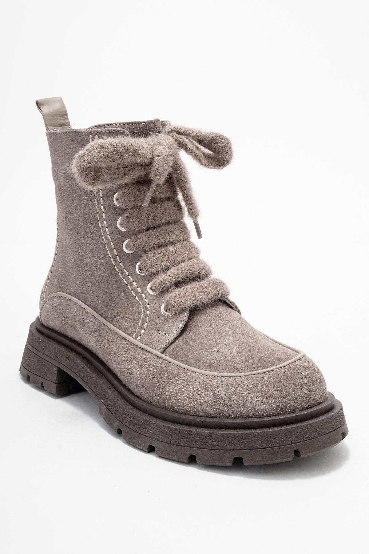 Mina - Taupe Genuine Leather Combat Boot – detail view showing leather, suede, Vowalisse