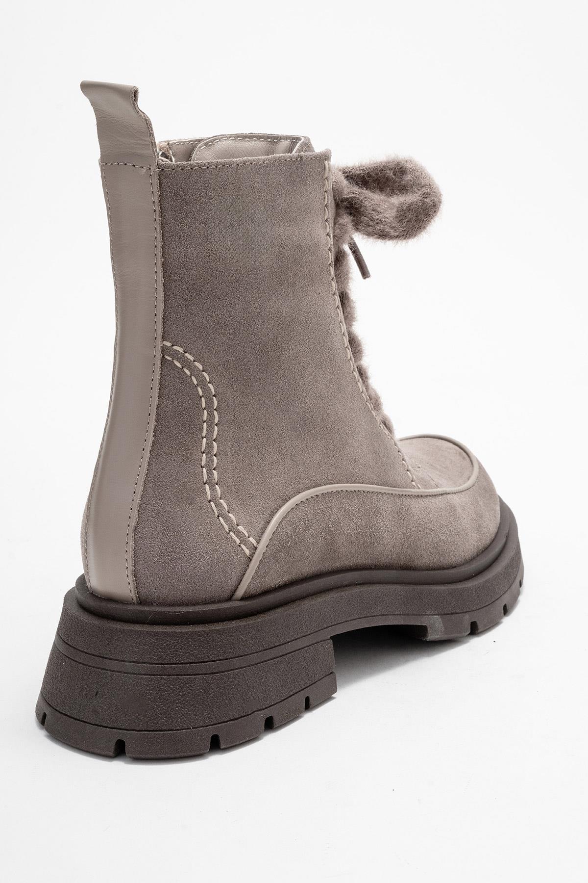 Mina - Taupe Genuine Leather Combat Boot – back view showing leather, suede, Vowalisse