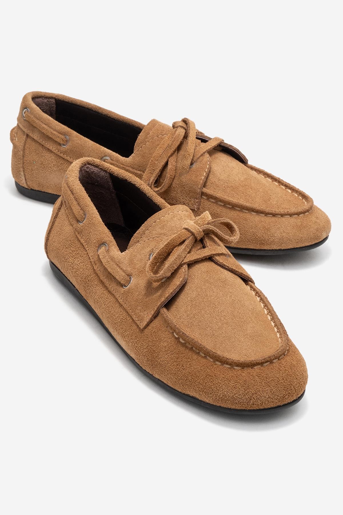 Serelis - Taupe Suede Genuine Leather Lace-Up Loafer – front three-quarter view showing lace, leather, suede, Vowalisse