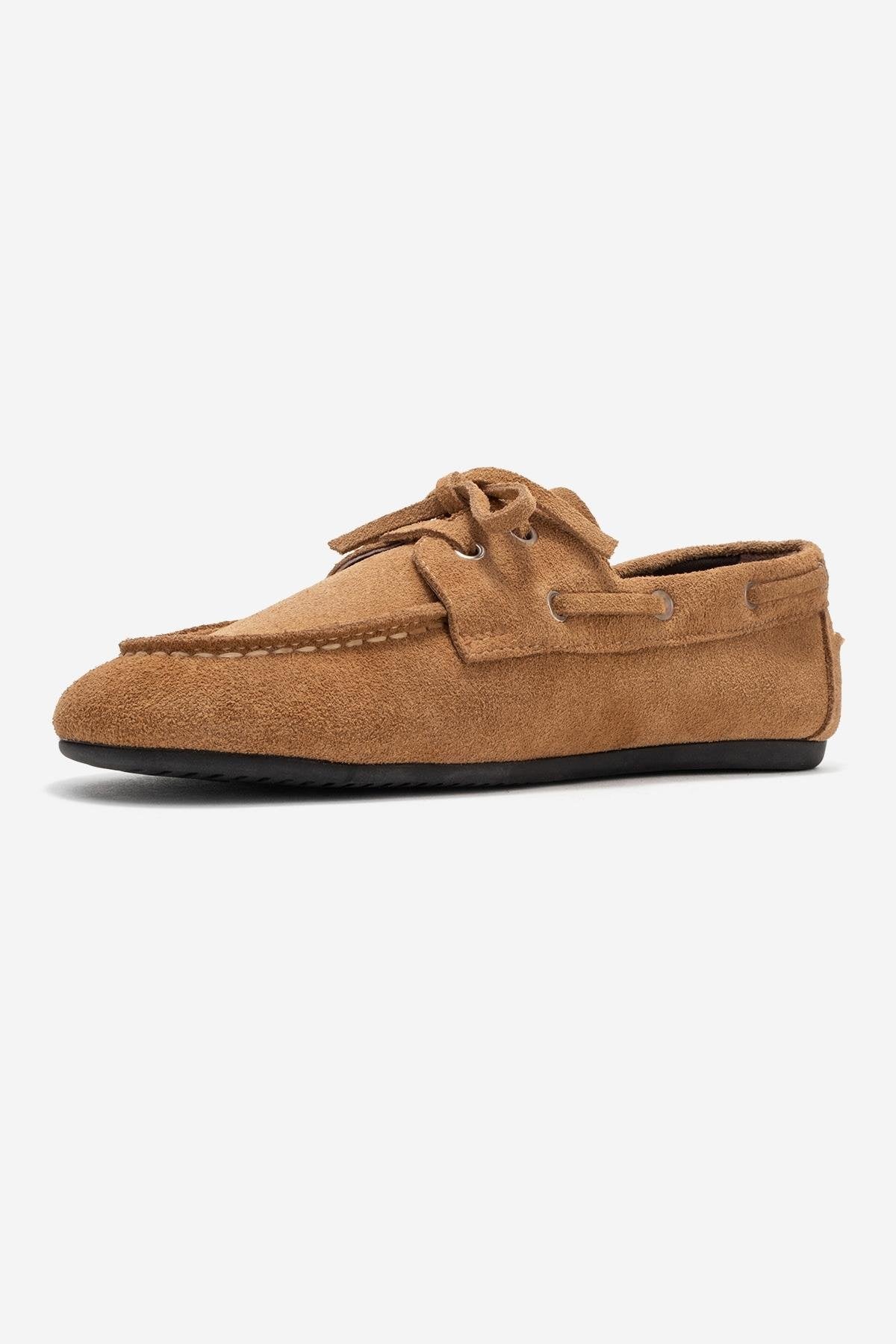 Serelis - Taupe Suede Genuine Leather Lace-Up Loafer – heel view showing lace, leather, suede, Vowalisse