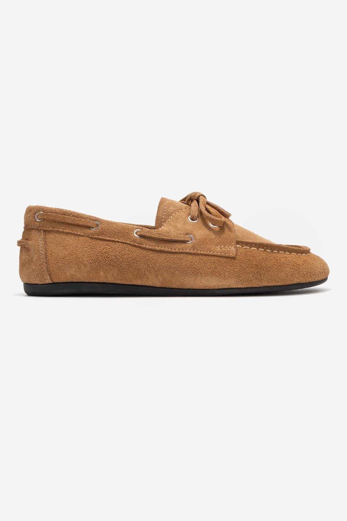 Serelis - Taupe Suede Genuine Leather Lace-Up Loafer – top view showing lace, leather, suede, Vowalisse