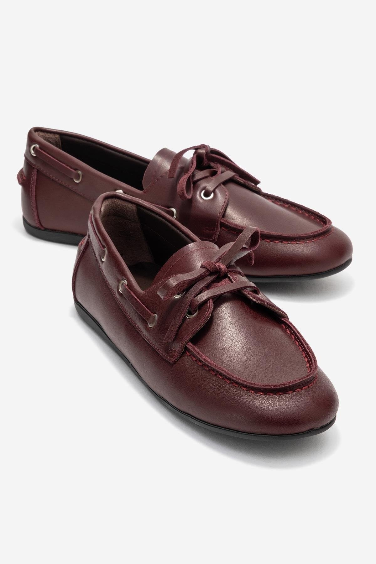Serelis - Burgundy Genuine Leather Lace-Up Loafer – front three-quarter view showing lace, leather, Vowalisse