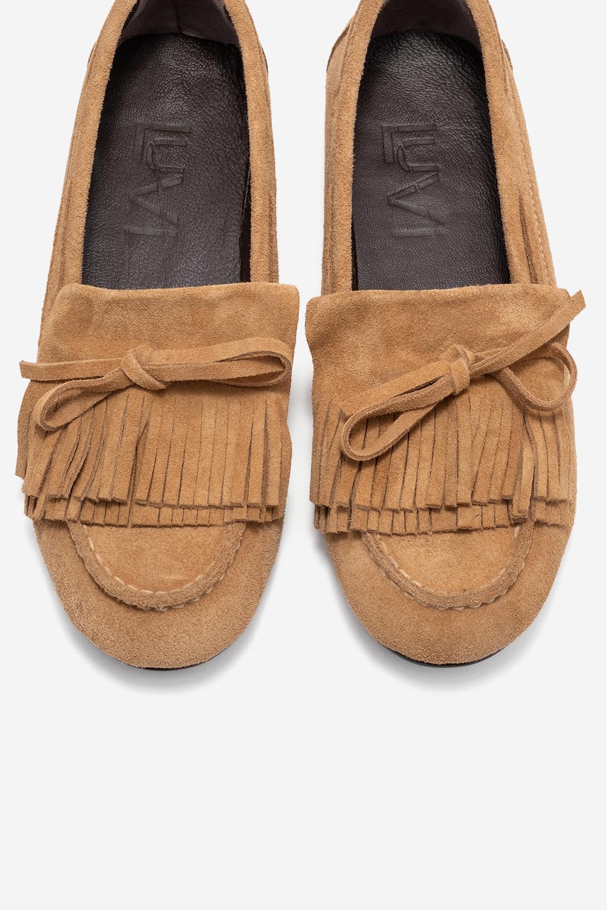 Axeli - Taupe Suede Genuine Leather Bow Tassel Loafer – side view showing bow, leather, suede, Vowalisse