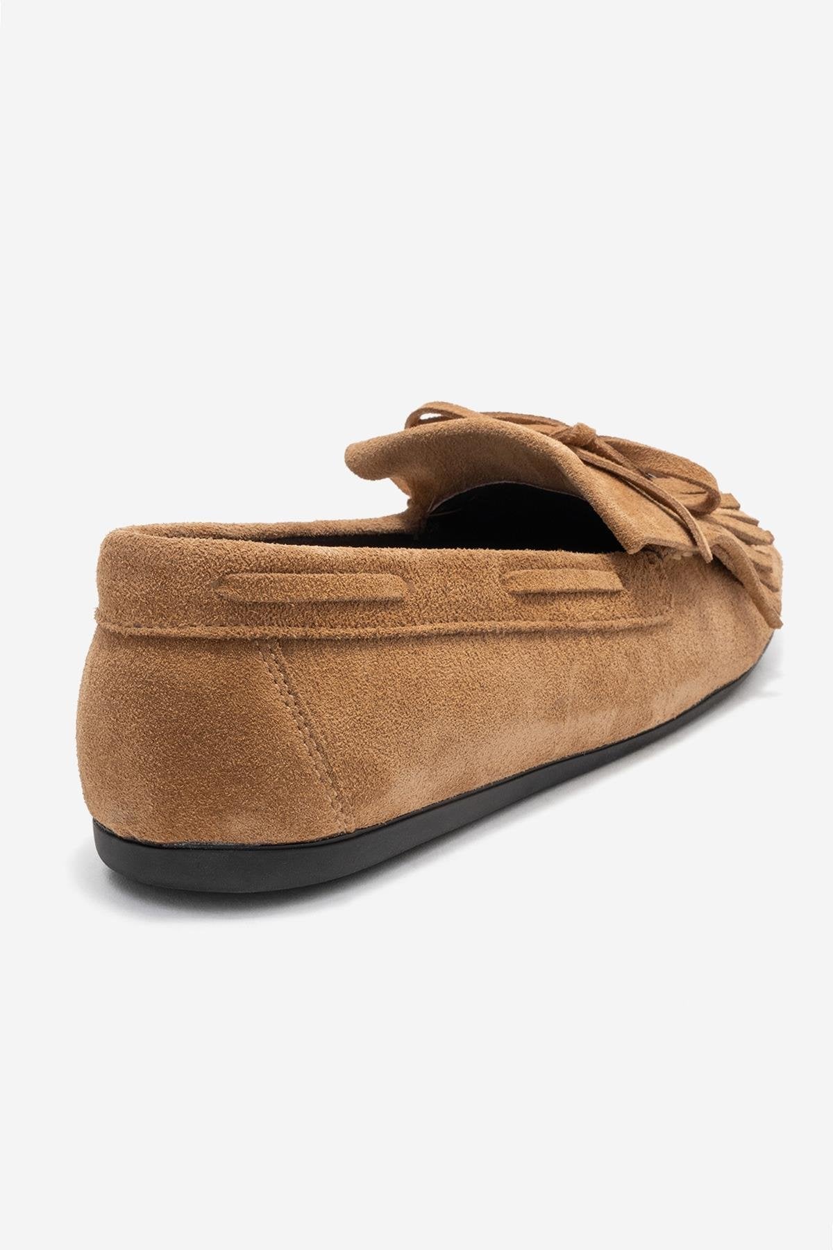 Axeli - Taupe Suede Genuine Leather Bow Tassel Loafer – back view showing bow, leather, suede, Vowalisse