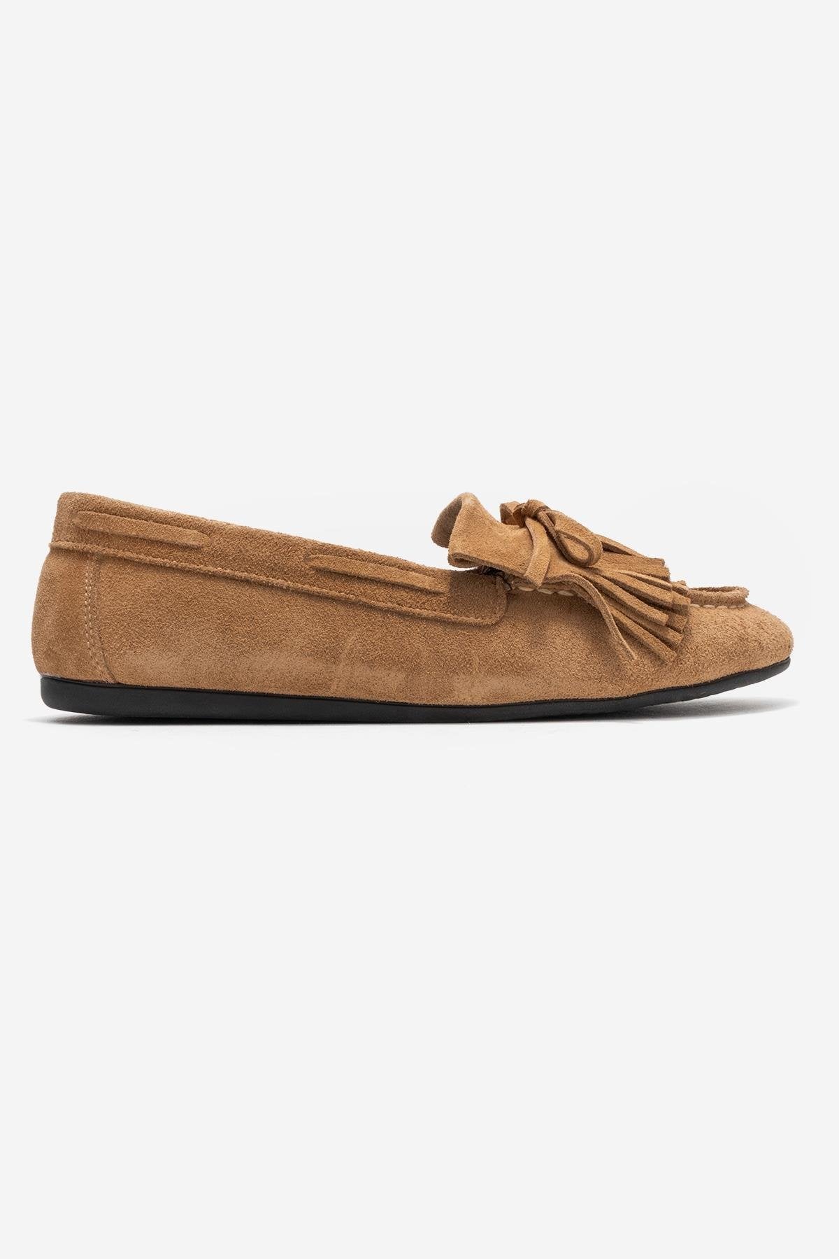 Axeli - Taupe Suede Genuine Leather Bow Tassel Loafer – top view showing bow, leather, suede, Vowalisse