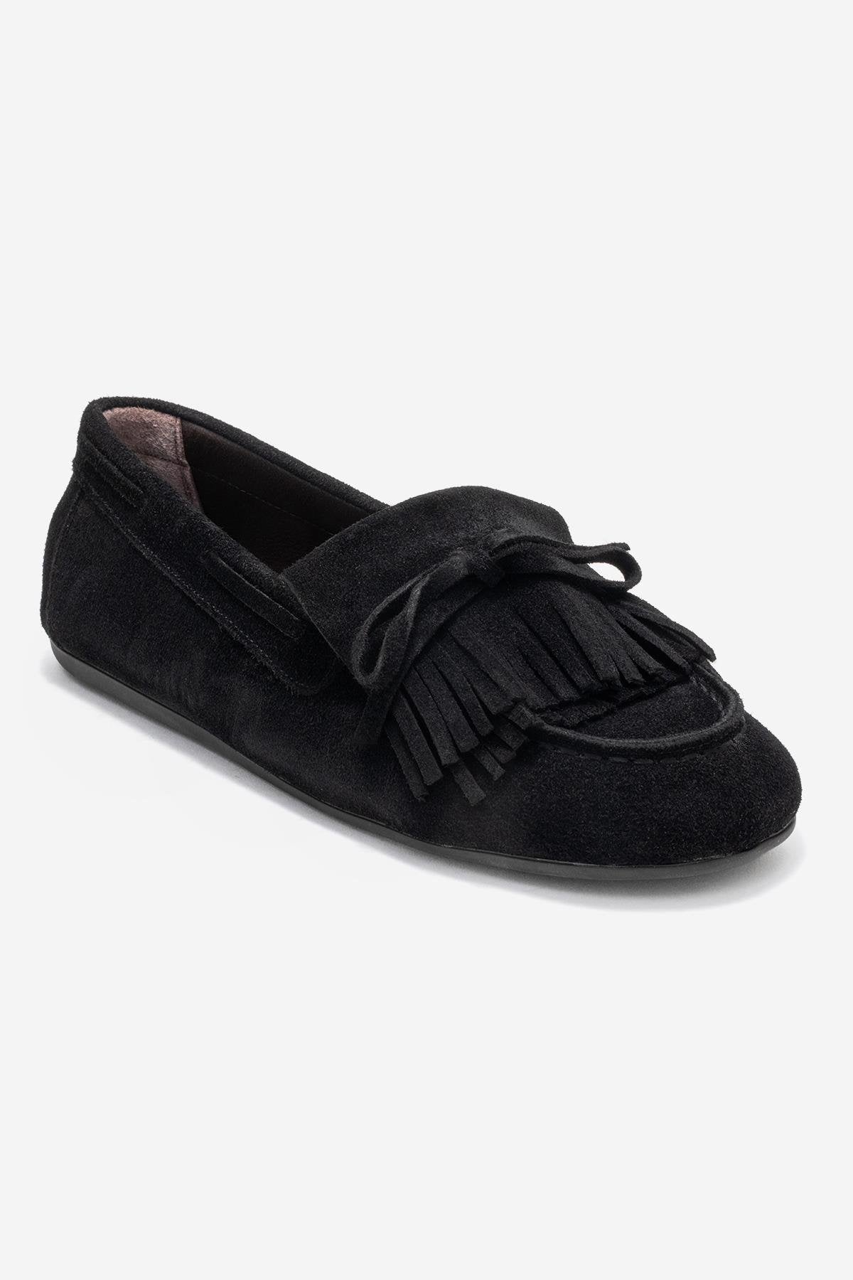 Axeli - Black Suede Genuine Leather Bow Tassel Loafer – detail view showing bow, leather, suede, Vowalisse