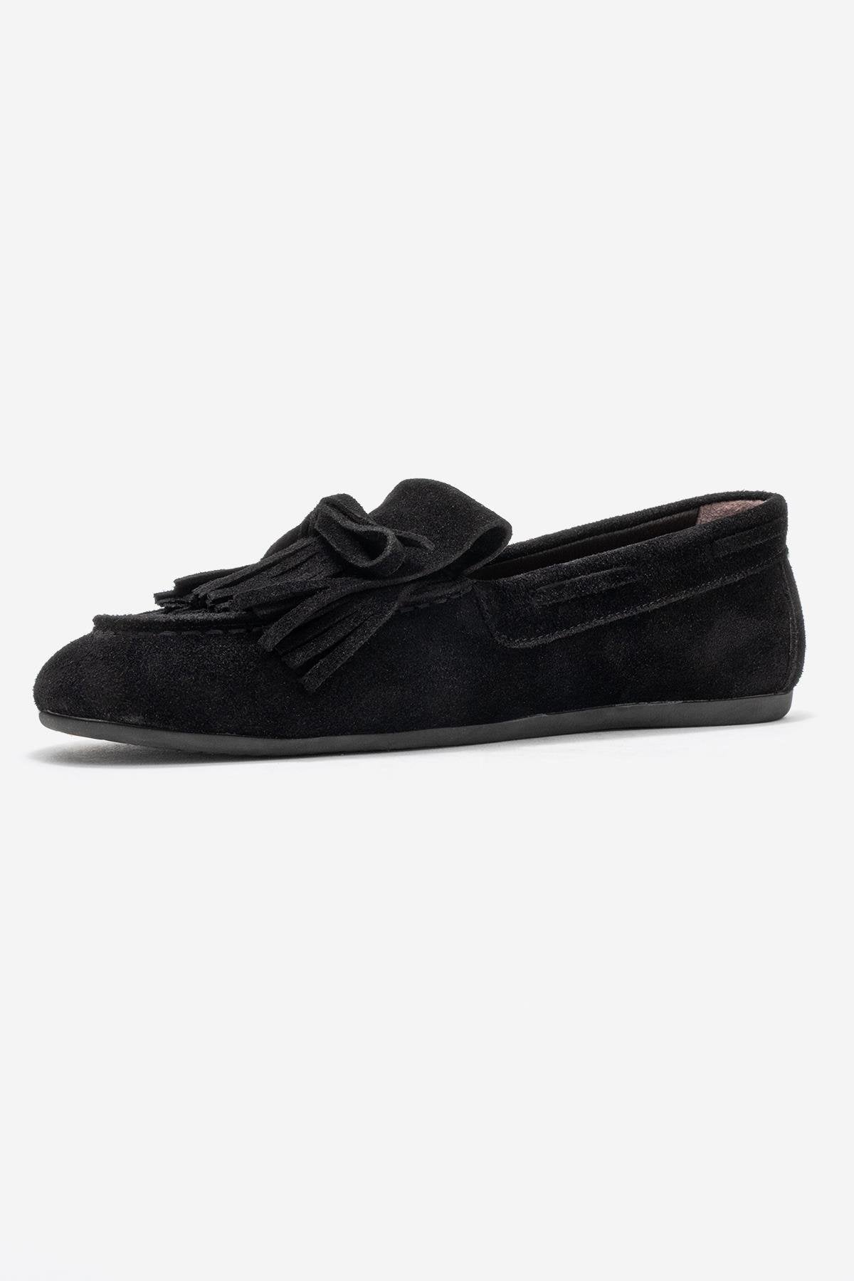 Axeli - Black Suede Genuine Leather Bow Tassel Loafer – heel view showing bow, leather, suede, Vowalisse