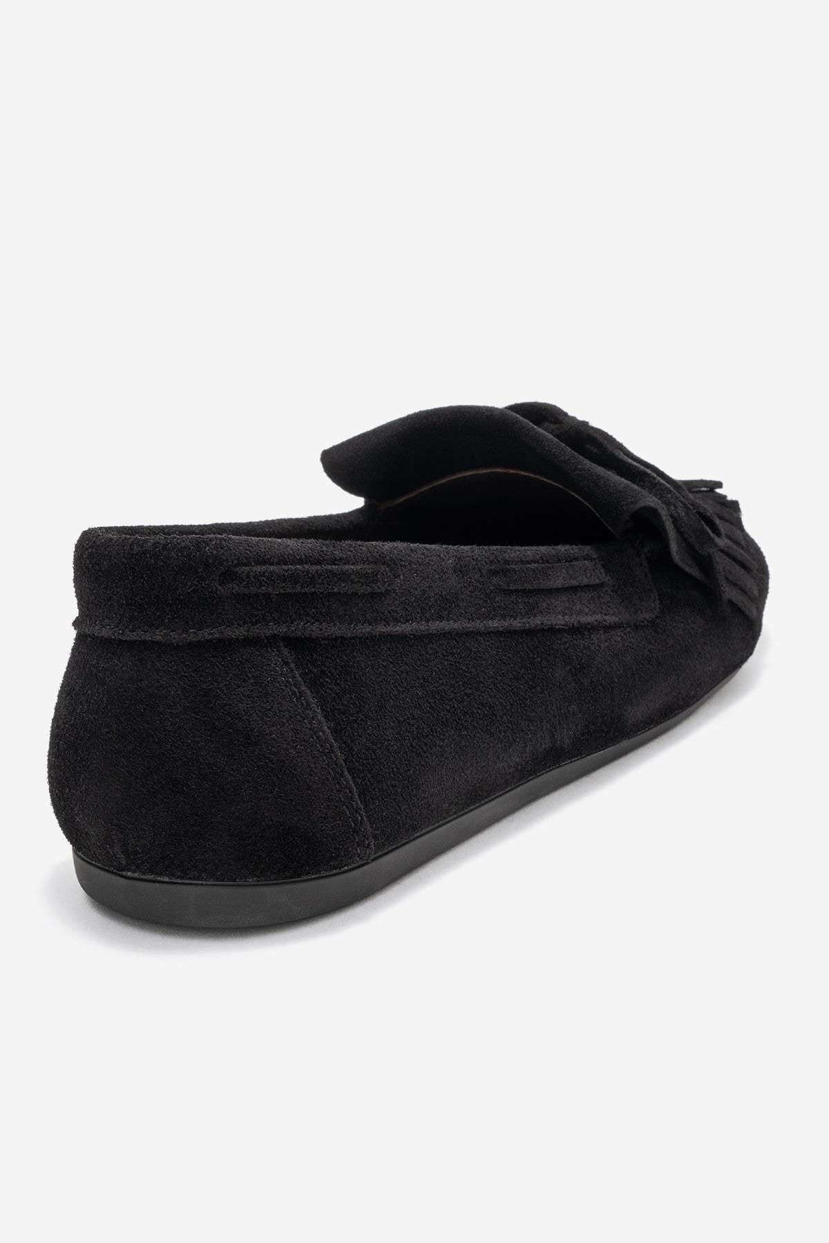 Axeli - Black Suede Genuine Leather Bow Tassel Loafer – back view showing bow, leather, suede, Vowalisse