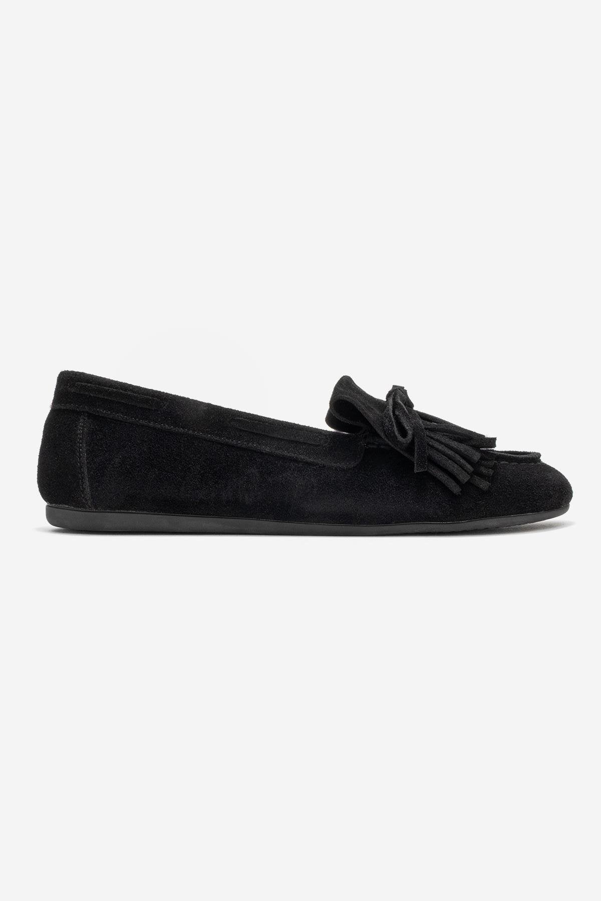 Axeli - Black Suede Genuine Leather Bow Tassel Loafer – top view showing bow, leather, suede, Vowalisse
