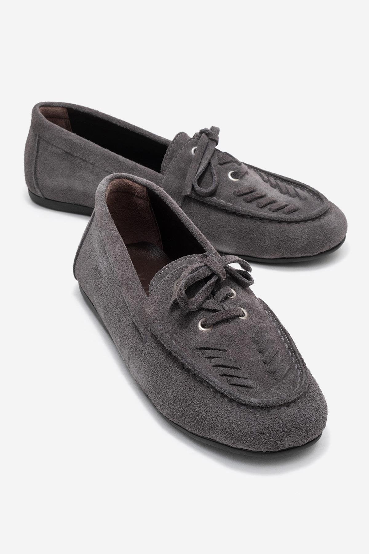 Lorven - Smoke Suede Genuine Leather Lace-Up Loafer Shoe – front three-quarter view showing lace, leather, suede, Vowalisse
