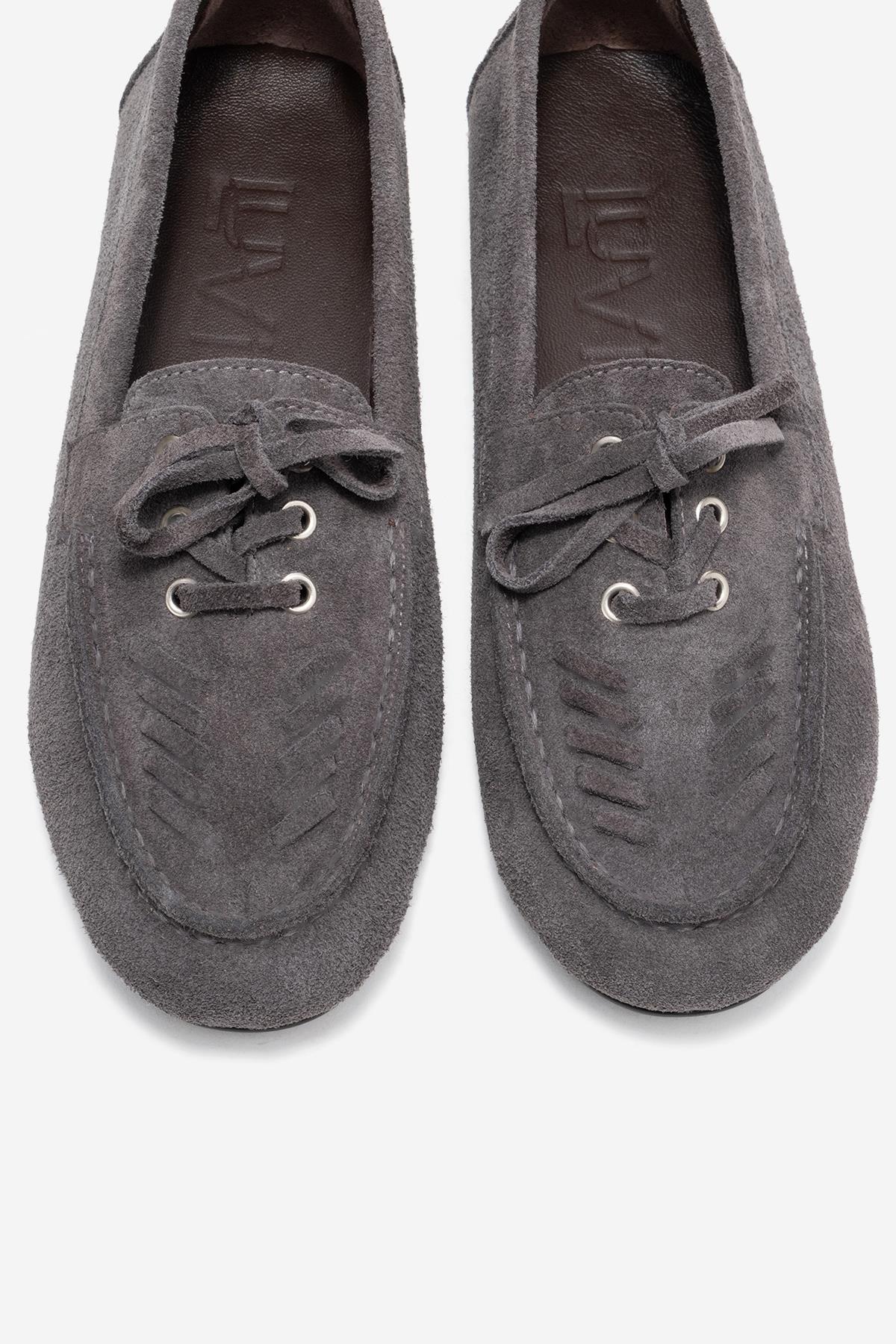 Lorven - Smoke Suede Genuine Leather Lace-Up Loafer Shoe – side view showing lace, leather, suede, Vowalisse