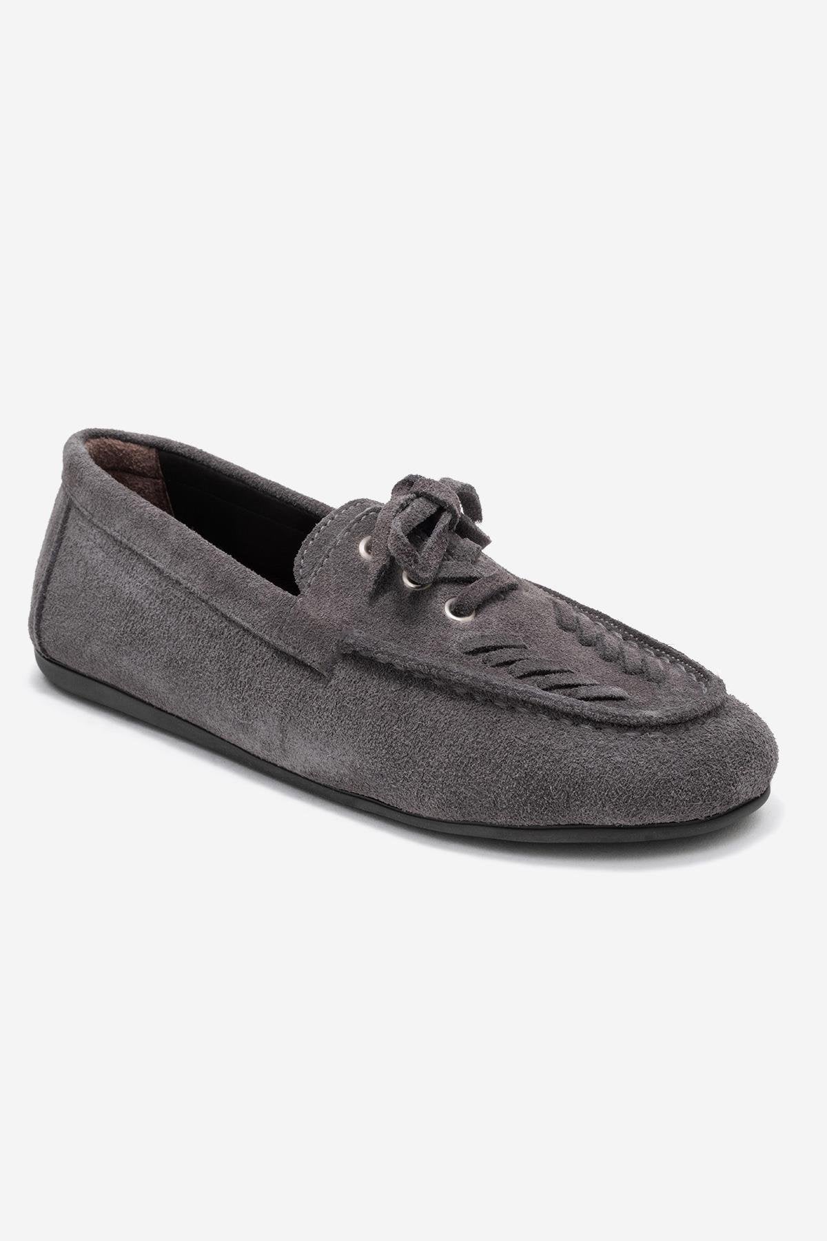 Lorven - Smoke Suede Genuine Leather Lace-Up Loafer Shoe – detail view showing lace, leather, suede, Vowalisse