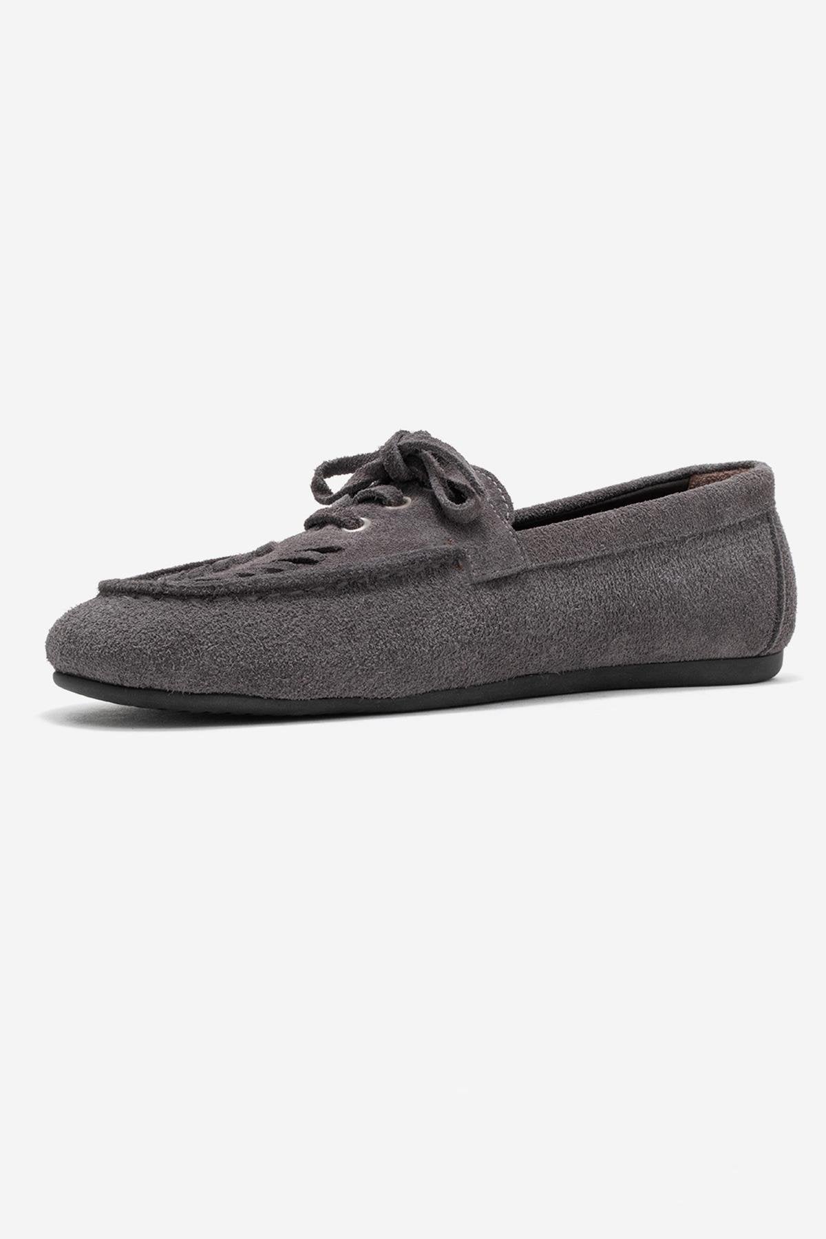 Lorven - Smoke Suede Genuine Leather Lace-Up Loafer Shoe – heel view showing lace, leather, suede, Vowalisse