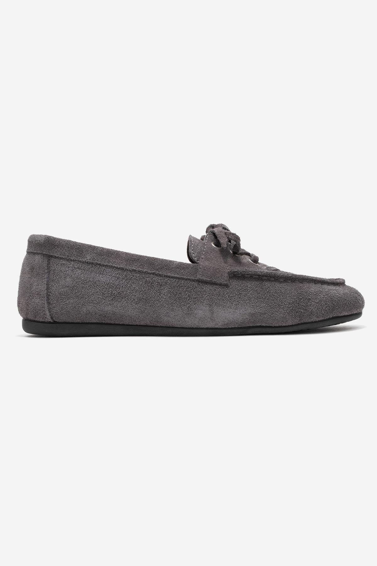Lorven - Smoke Suede Genuine Leather Lace-Up Loafer Shoe – top view showing lace, leather, suede, Vowalisse