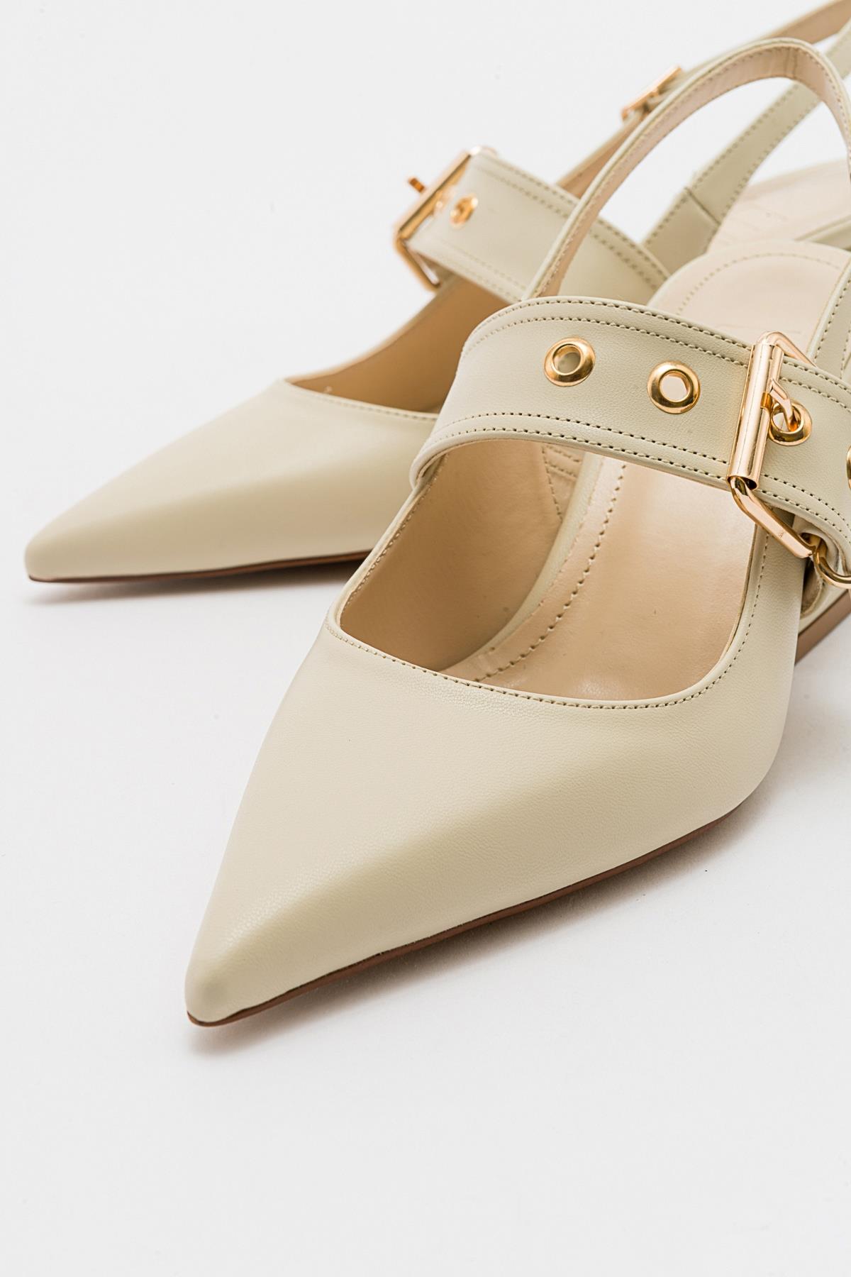 Nepido - Off-White Pointed Toe Backless Block Heel Shoe – detail view showing leather, white, Vowalisse