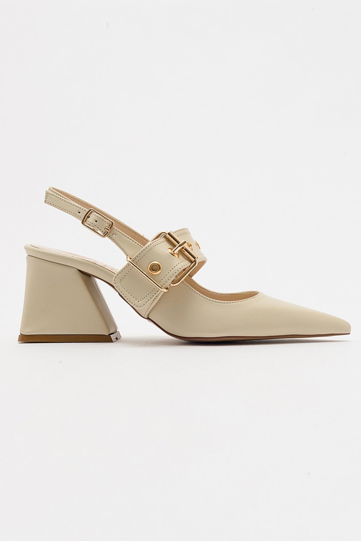 Nepido - Off-White Pointed Toe Backless Block Heel Shoe – top view showing leather, white, Vowalisse
