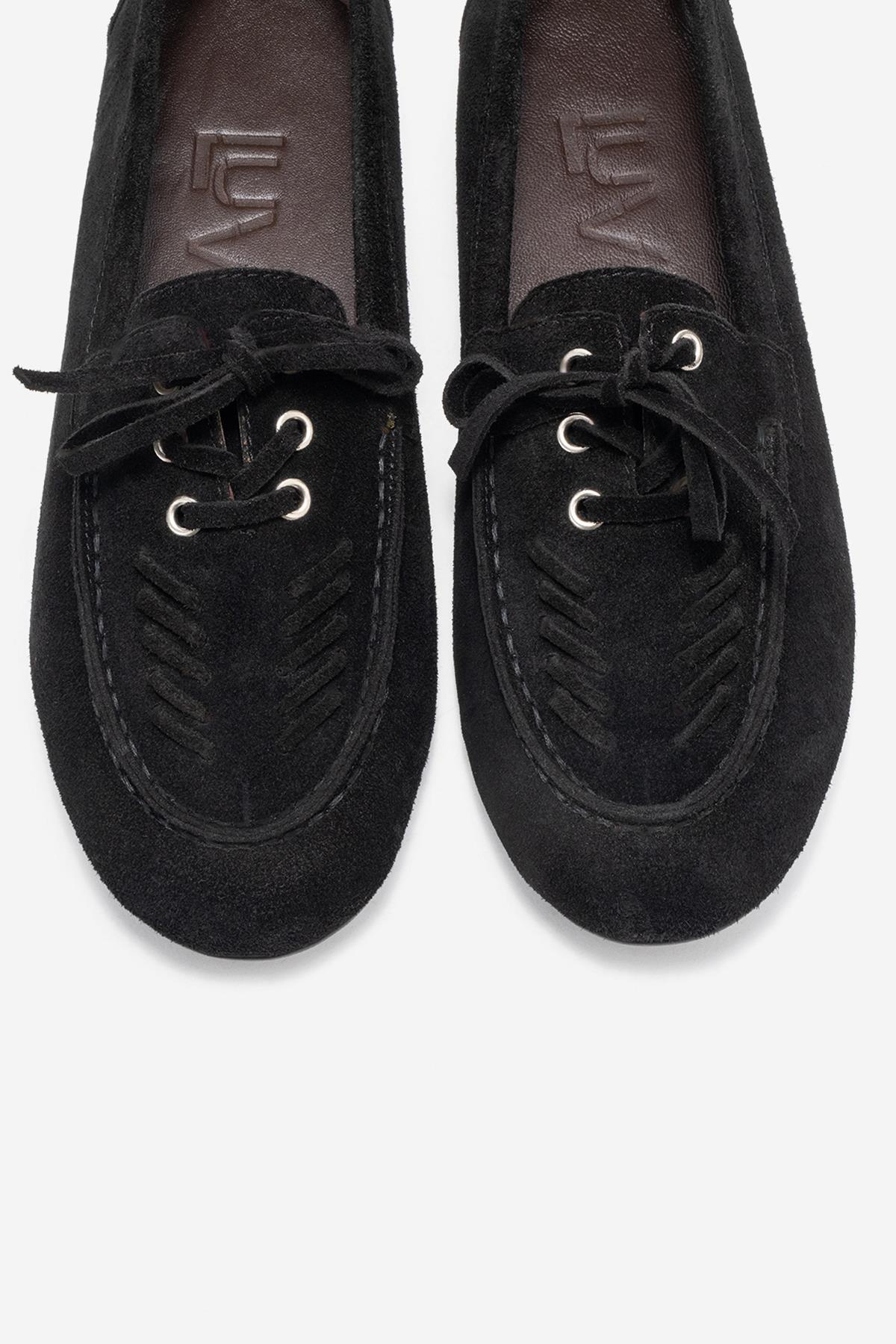 Lorven - Black Suede Genuine Leather Lace-Up Loafer Shoe – side view showing lace, leather, suede, Vowalisse