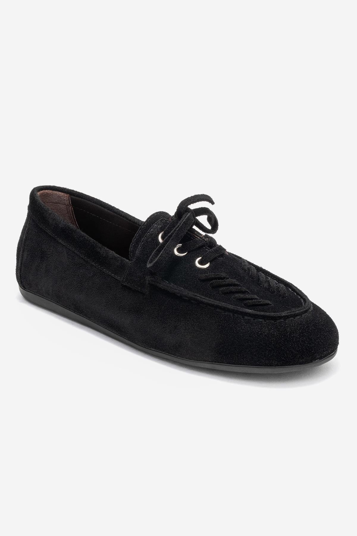 Lorven - Black Suede Genuine Leather Lace-Up Loafer Shoe – detail view showing lace, leather, suede, Vowalisse