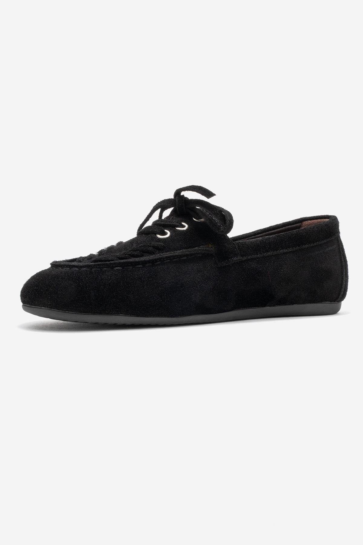 Lorven - Black Suede Genuine Leather Lace-Up Loafer Shoe – heel view showing lace, leather, suede, Vowalisse