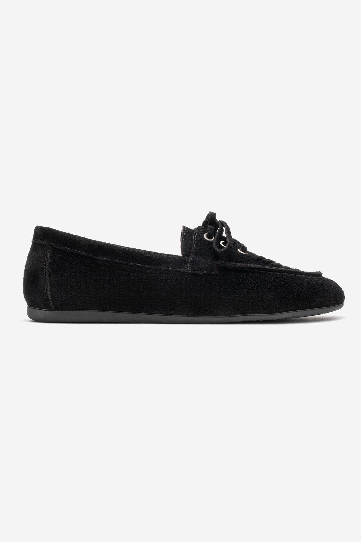 Lorven - Black Suede Genuine Leather Lace-Up Loafer Shoe – top view showing lace, leather, suede, Vowalisse