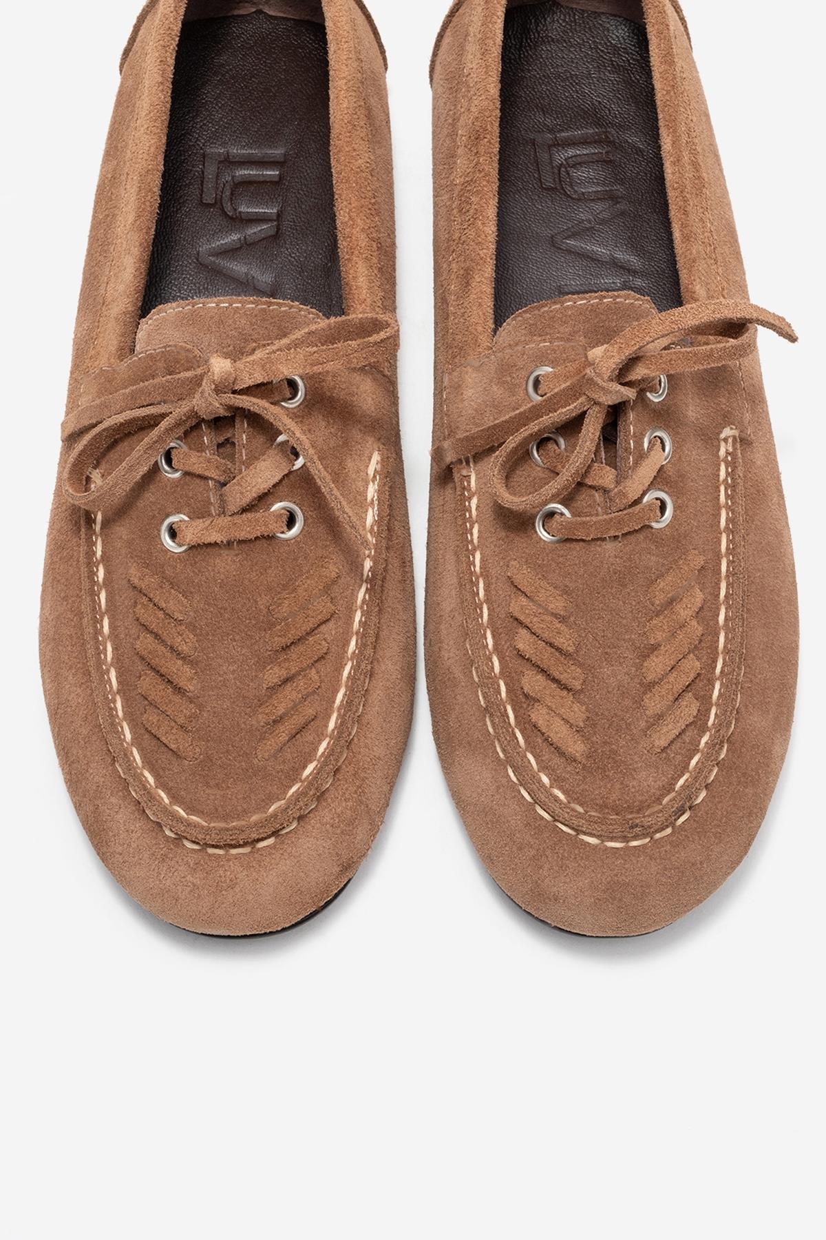 Lorven - Taupe Suede Genuine Leather Lace-Up Loafer Shoe – side view showing lace, leather, suede, Vowalisse